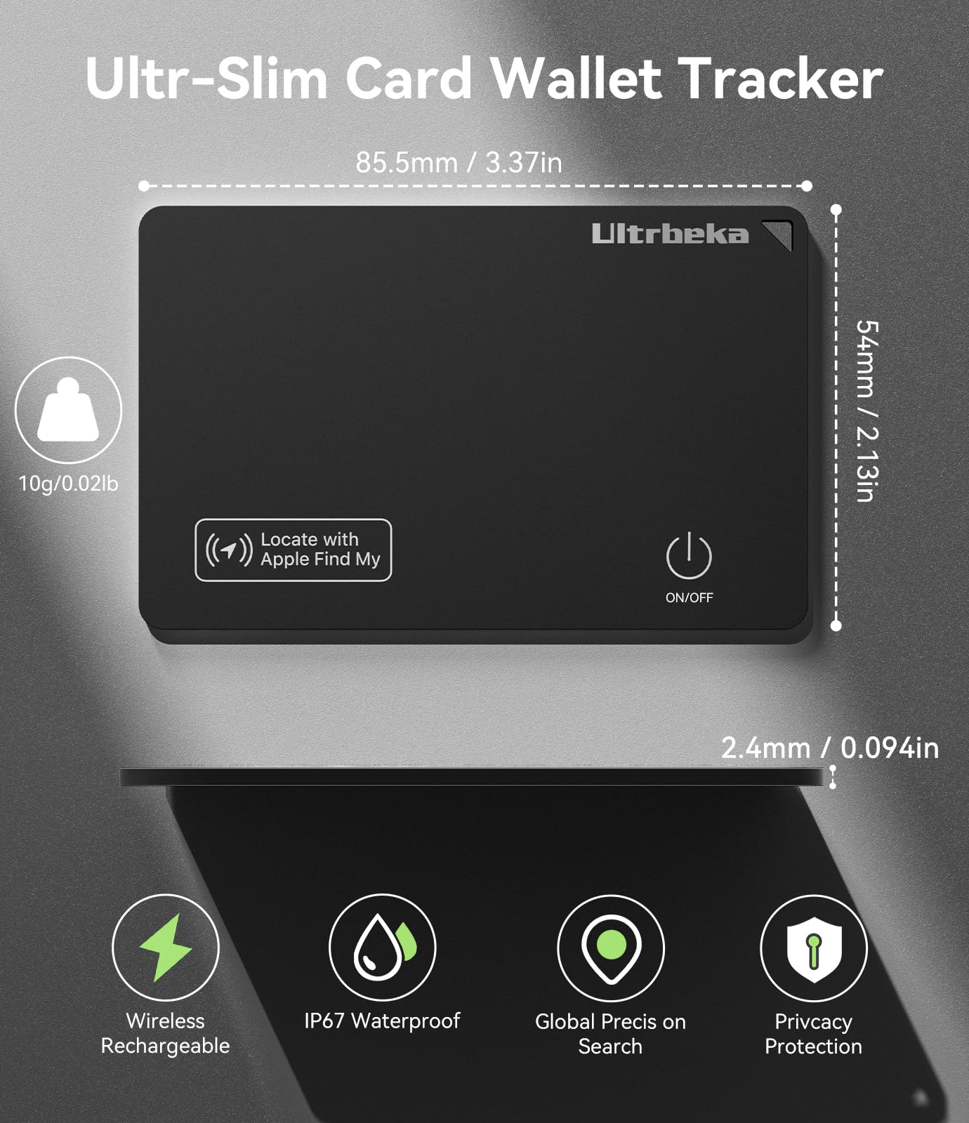 Ultrbeka Find My integration graphic emphasizes precise item location via Apple network.