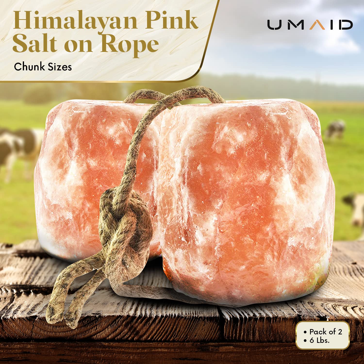 UMAID Himalayan salt lick rope for goats inviting nibbling and minerals
