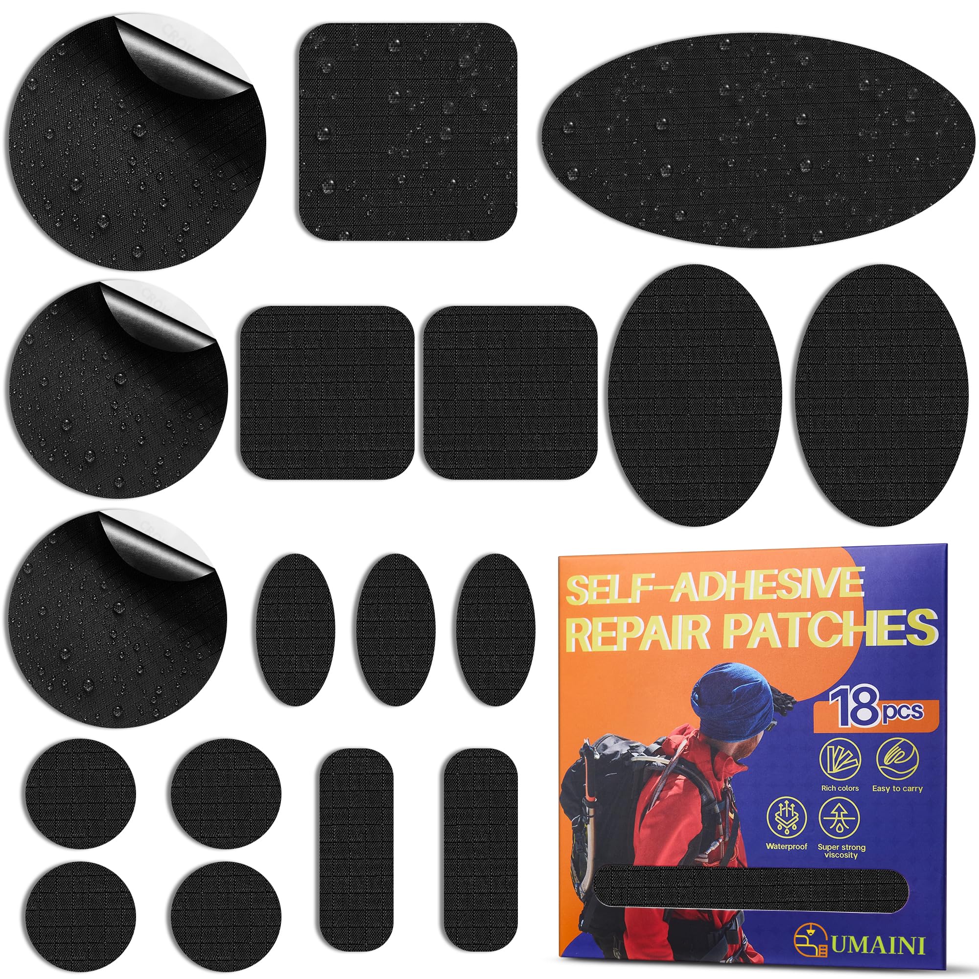 Umaini down jacket patch kit in a compact package for quick on-the-go repairs.