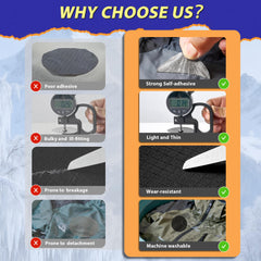 Umaini self-adhesive patches apply without sewing for fast, trace-free fixes.