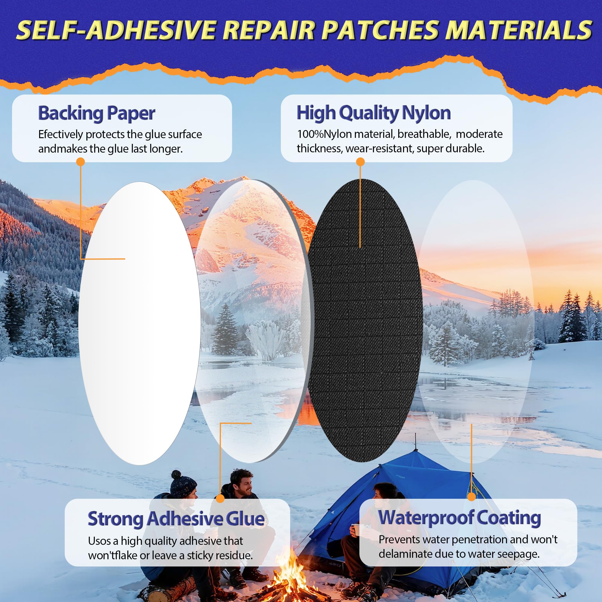 Umaini waterproof nylon patch adheres firmly to outdoor gear for durable repairs.