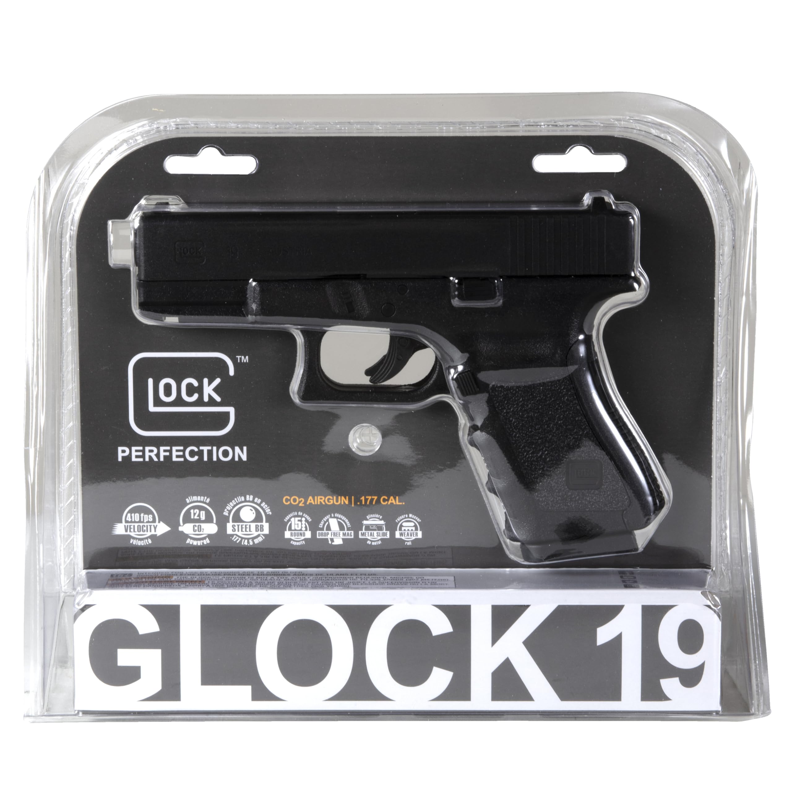 Umarex Glock 19 Gen3 fixed sights and licensed markings for authentic handling.