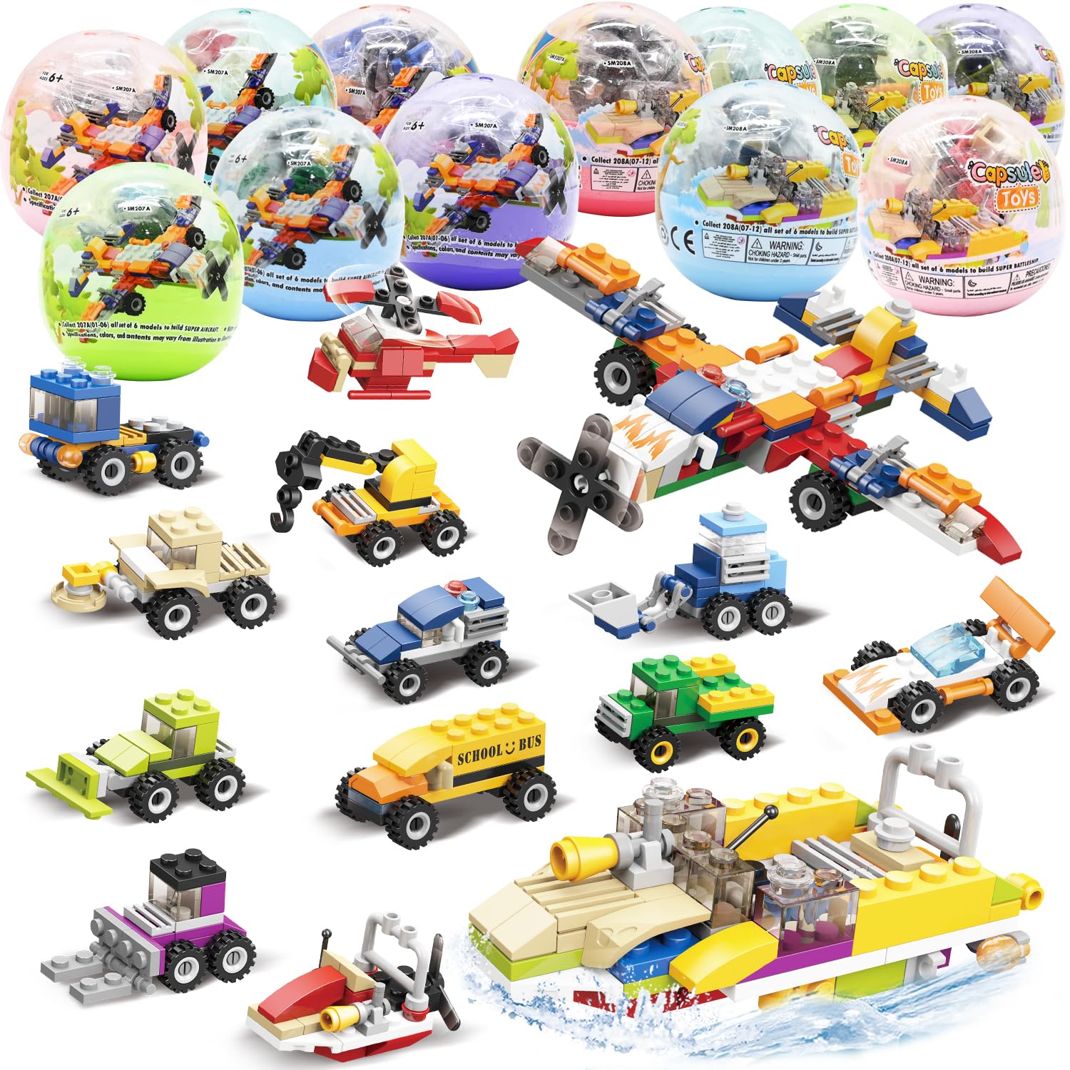 UMEELR 12Pcs Easter eggs with buildable vehicles for engaging egg hunts and creative play.