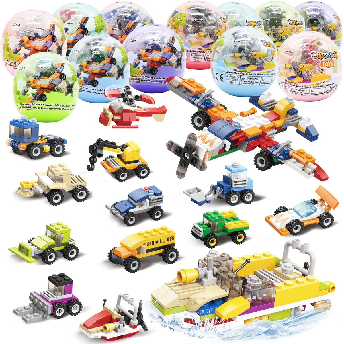 UMEELR 12Pcs Easter eggs with buildable vehicles for engaging egg hunts and creative play.