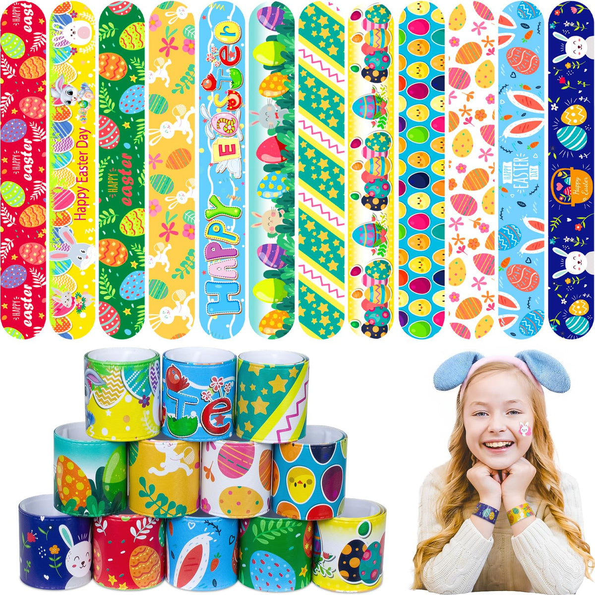 UMEMAXSO Easter slap bracelets with bunny design, ideal for classroom party favors.