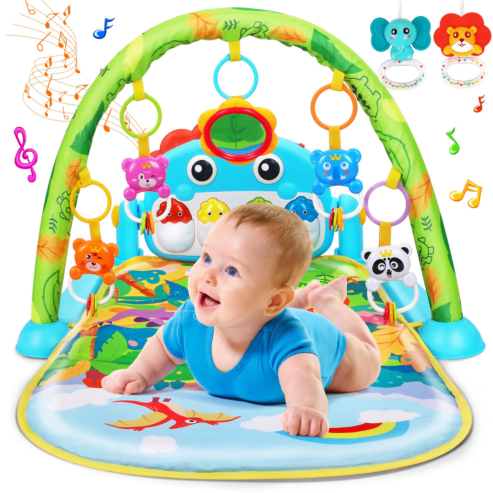 UMIKU Baby Gym with dinosaur arch toys for visual tracking and grasp.