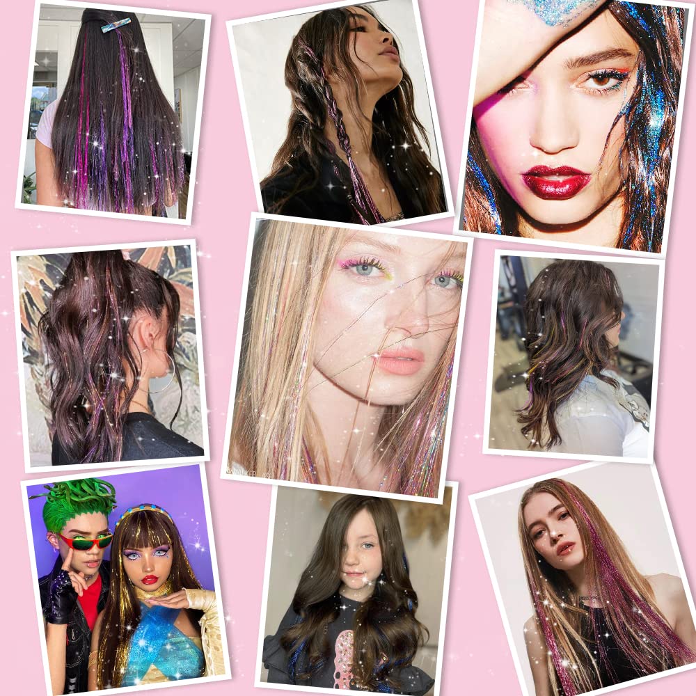 Umylar hair tinsel on model highlights playful, party-ready style