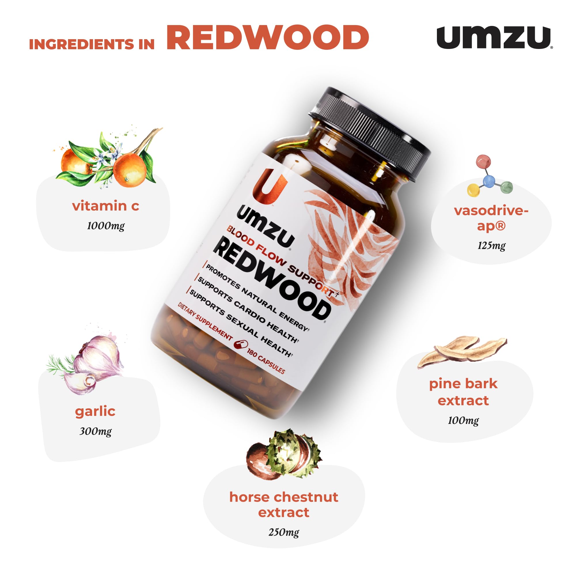 UMZU Redwood bottle back-label highlights garlic and vitamin C ingredients.