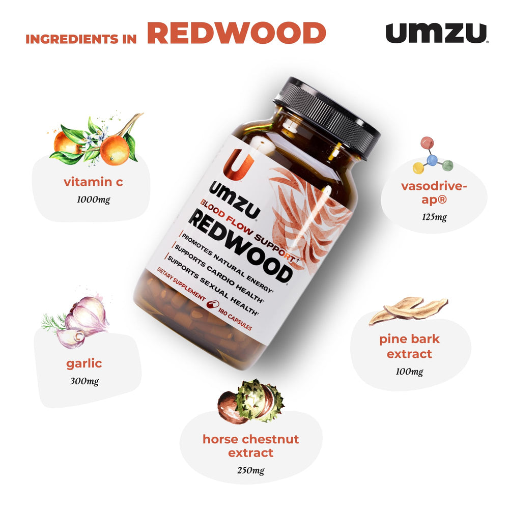UMZU Redwood bottle back-label highlights garlic and vitamin C ingredients.