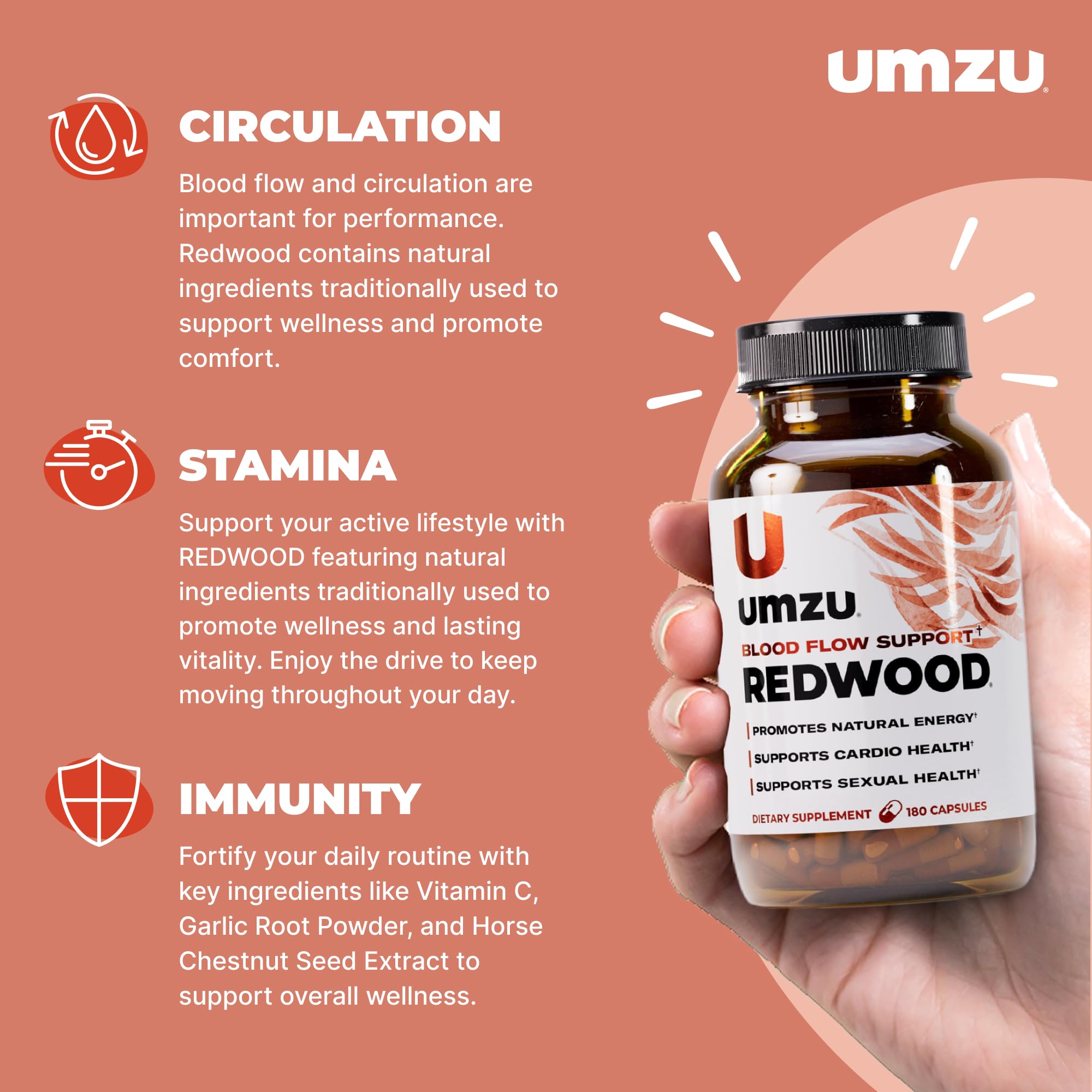 UMZU Redwood bottle front emphasizes compact daily supplement for energy and endurance.
