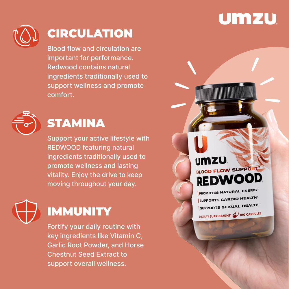 UMZU Redwood bottle front emphasizes compact daily supplement for energy and endurance.
