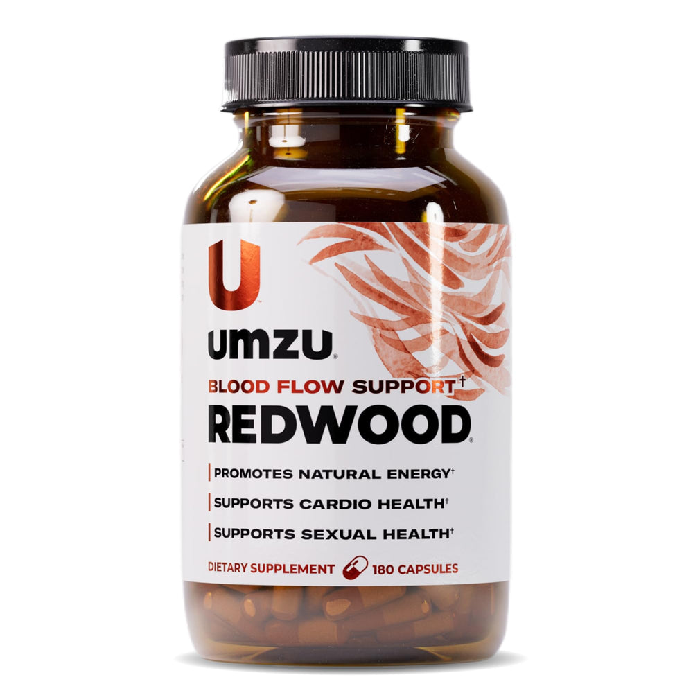 UMZU Redwood capsules close-up highlighting convenient daily support for circulation.