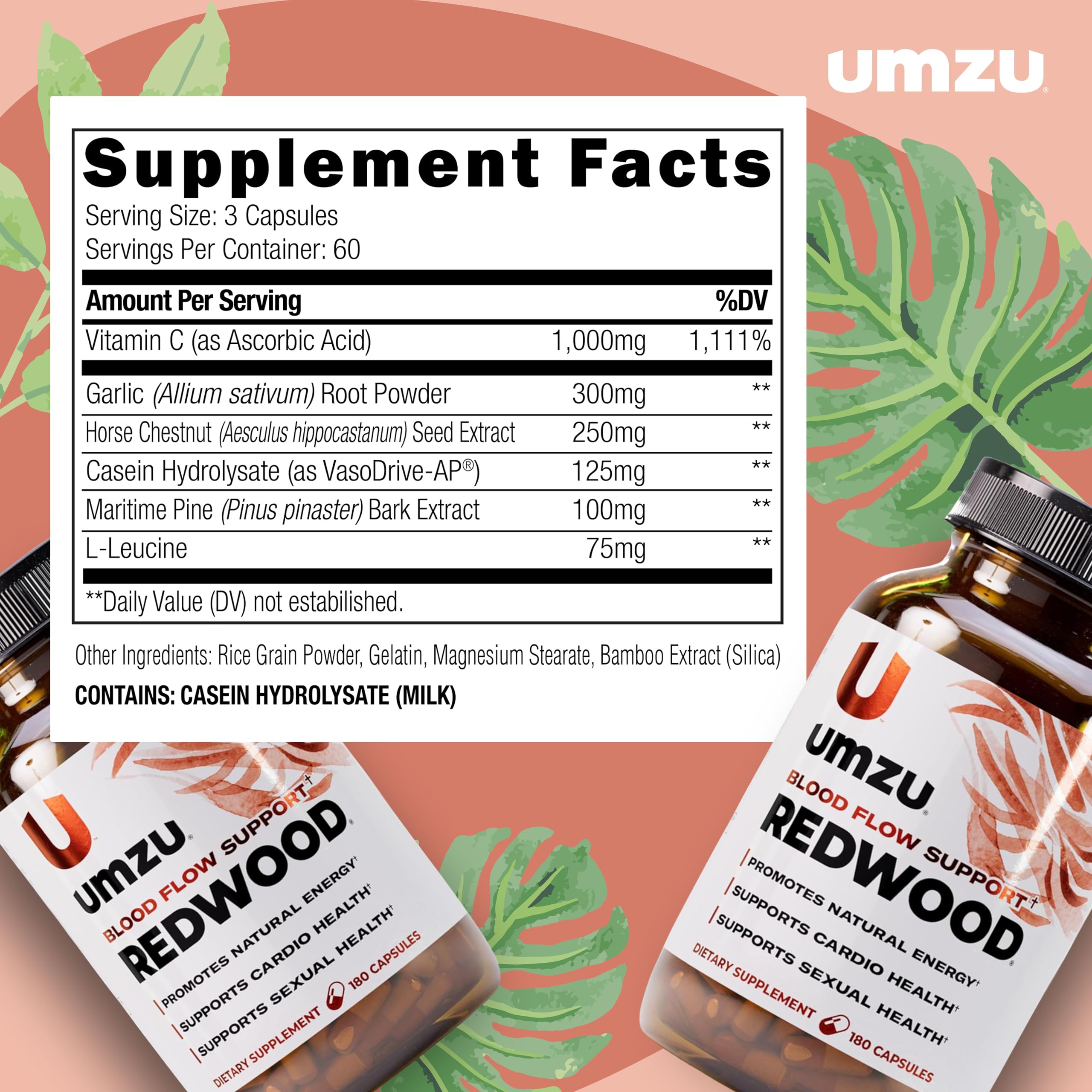 UMZU Redwood ingredients garlic horse chestnut pine bark suggesting circulation support benefits.