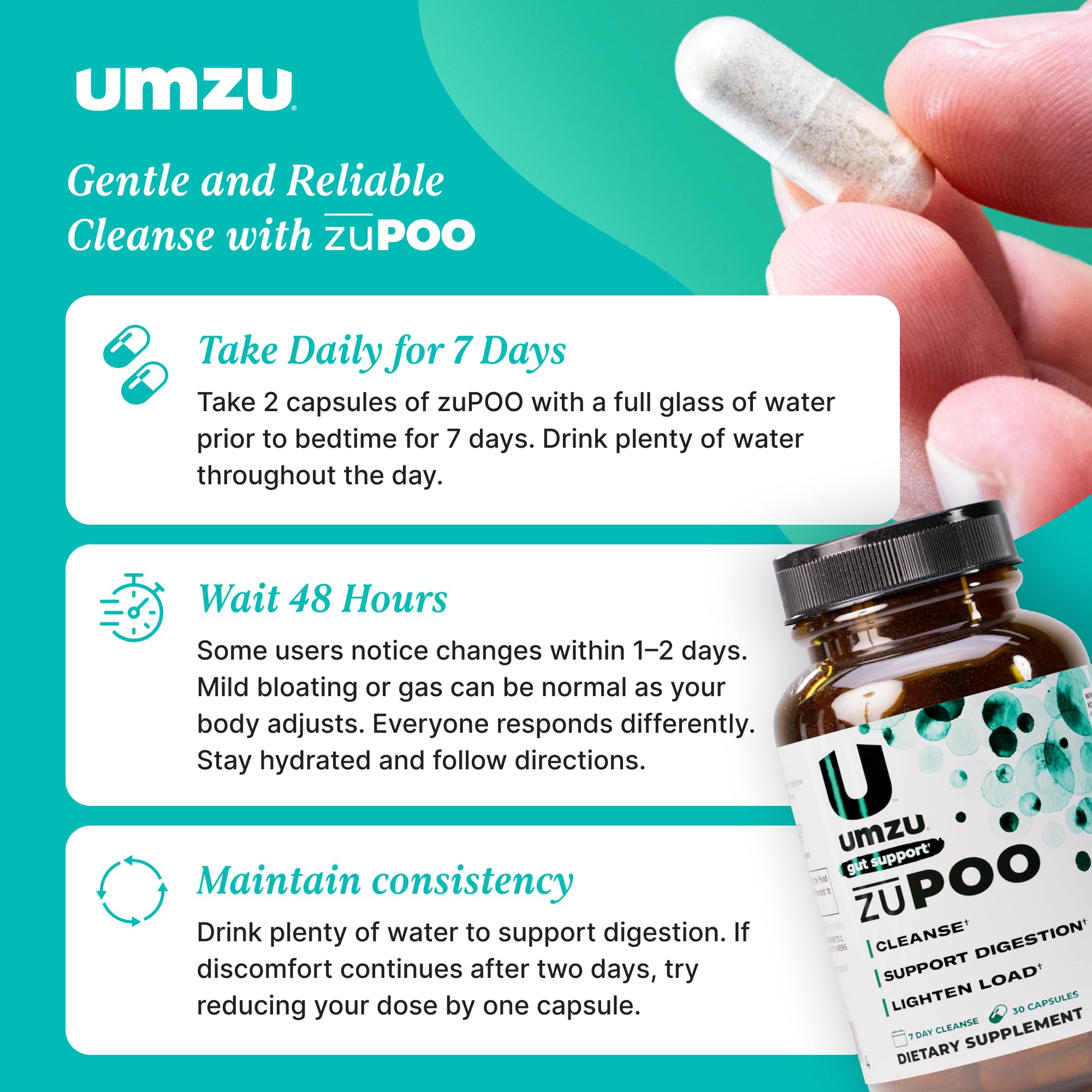UMZU zuPOO glass of water beside capsules for nightly cleanse ritual
