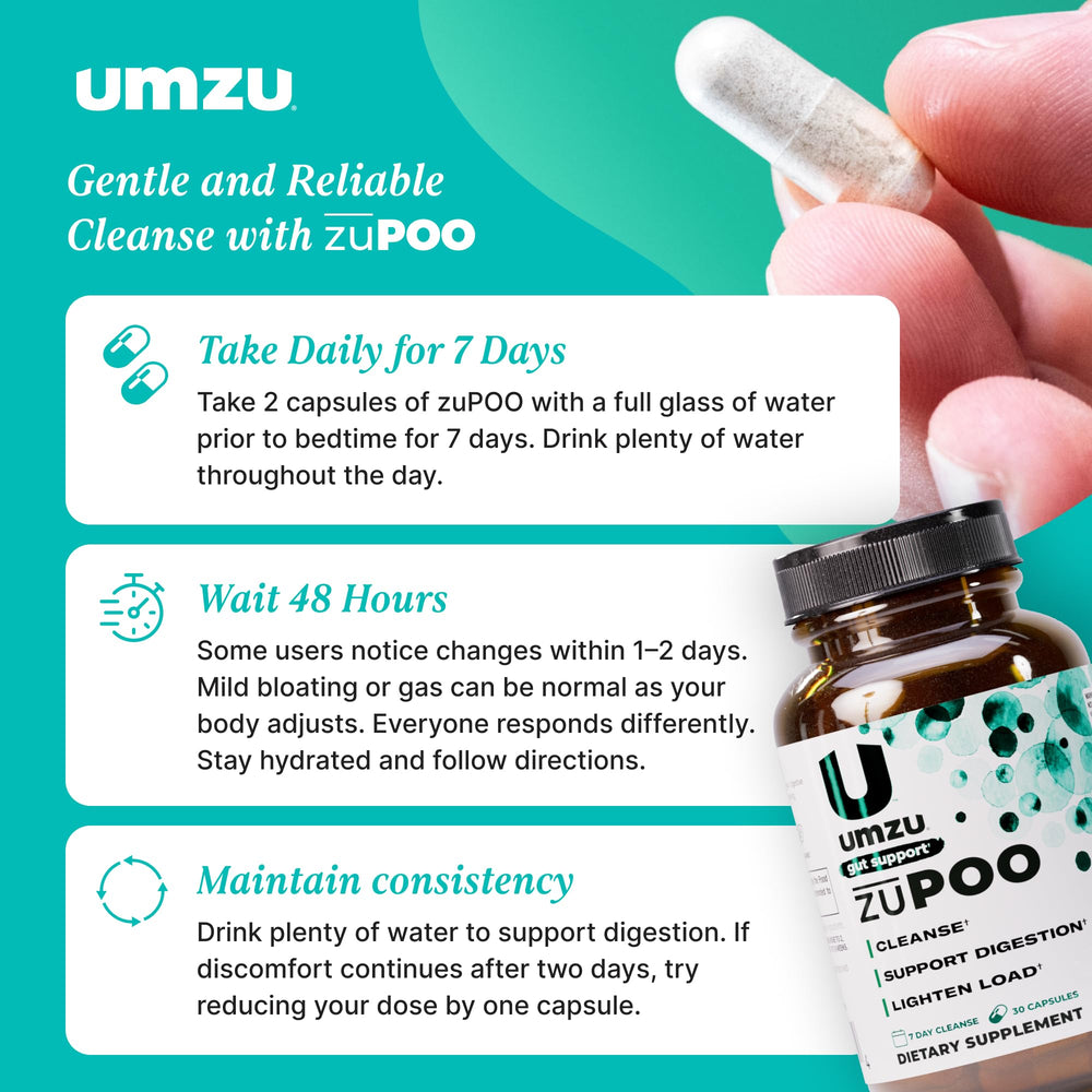 UMZU zuPOO glass of water beside capsules for nightly cleanse ritual