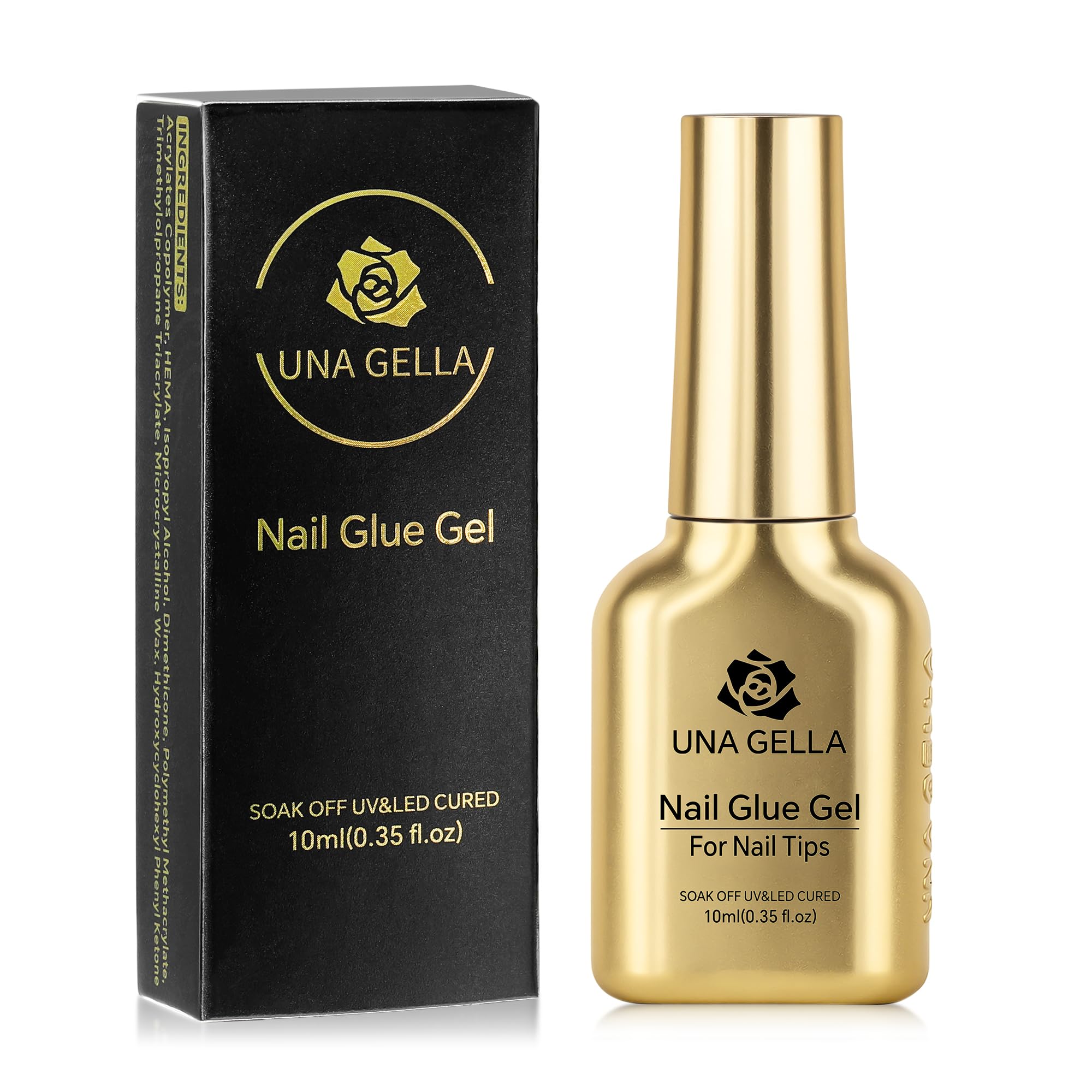 UNA GELLA 6-in-1 nail glue being applied to tips for strong adhesion.
