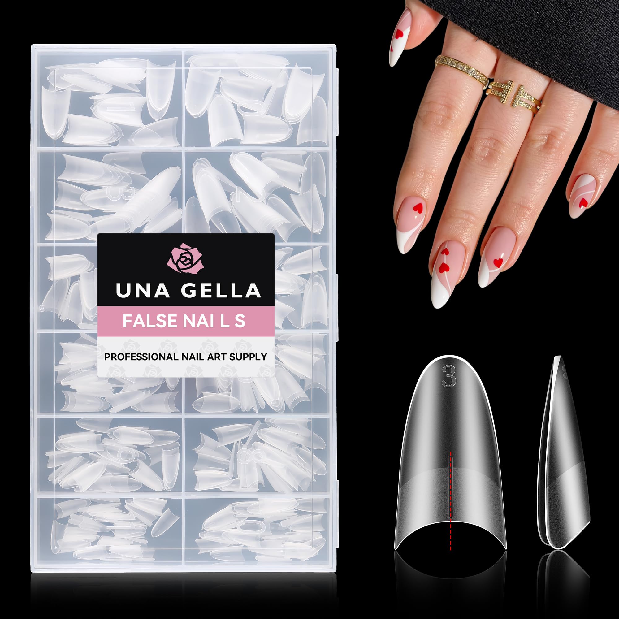 UNA GELLA almond gel nail tips 504pcs for salon-ready nail art.