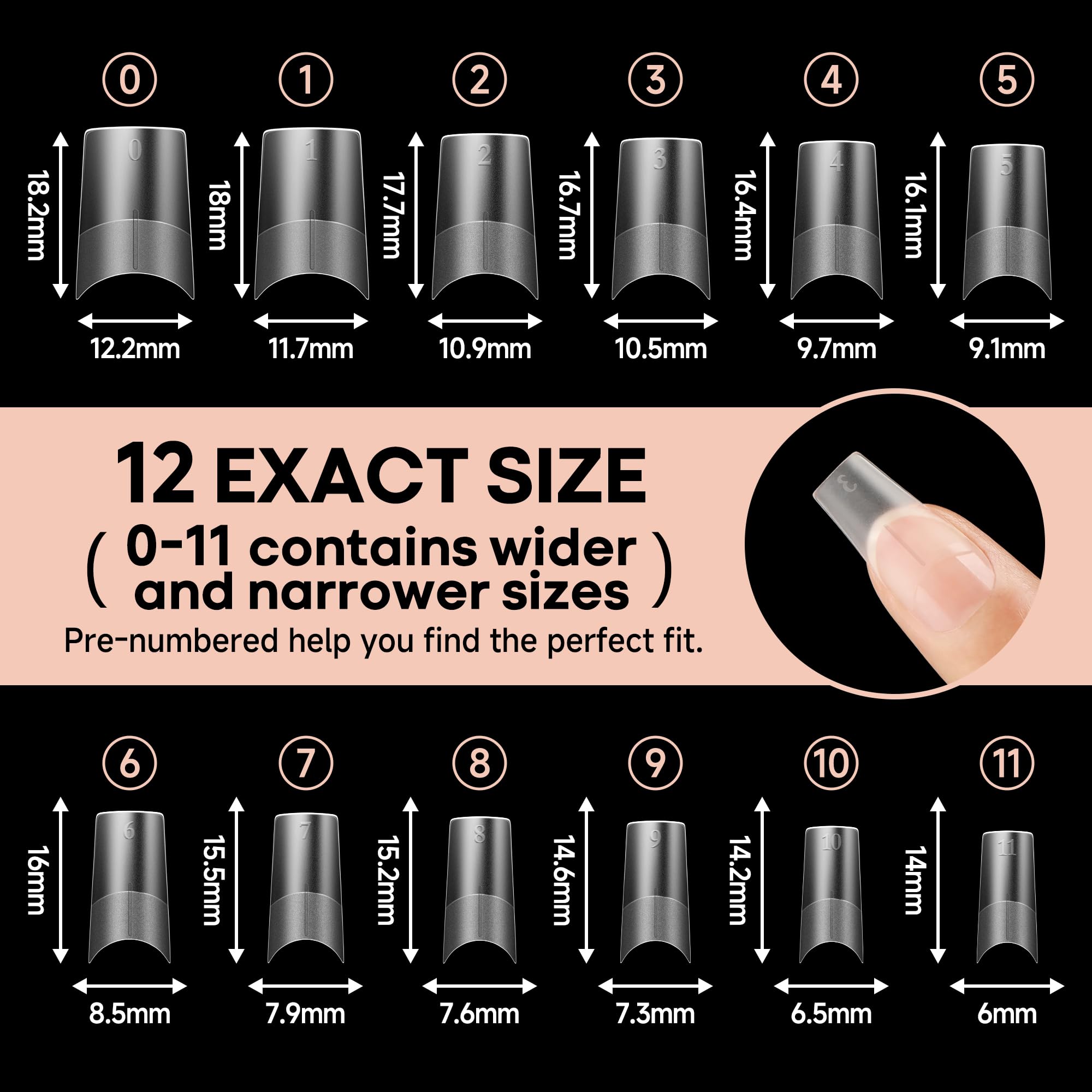 12 sizes with pre-numbered nails for fast size matching