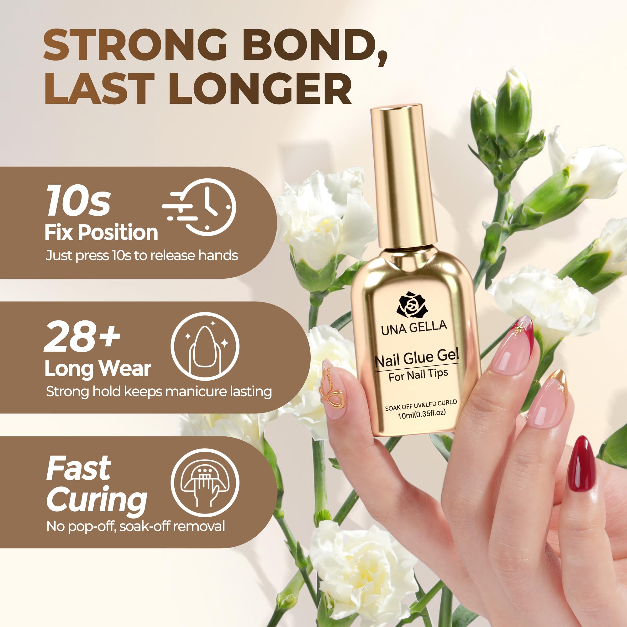 UNA GELLA base gel application close-up on tips for smooth adhesion