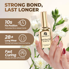 UNA GELLA base gel application close-up on tips for smooth adhesion