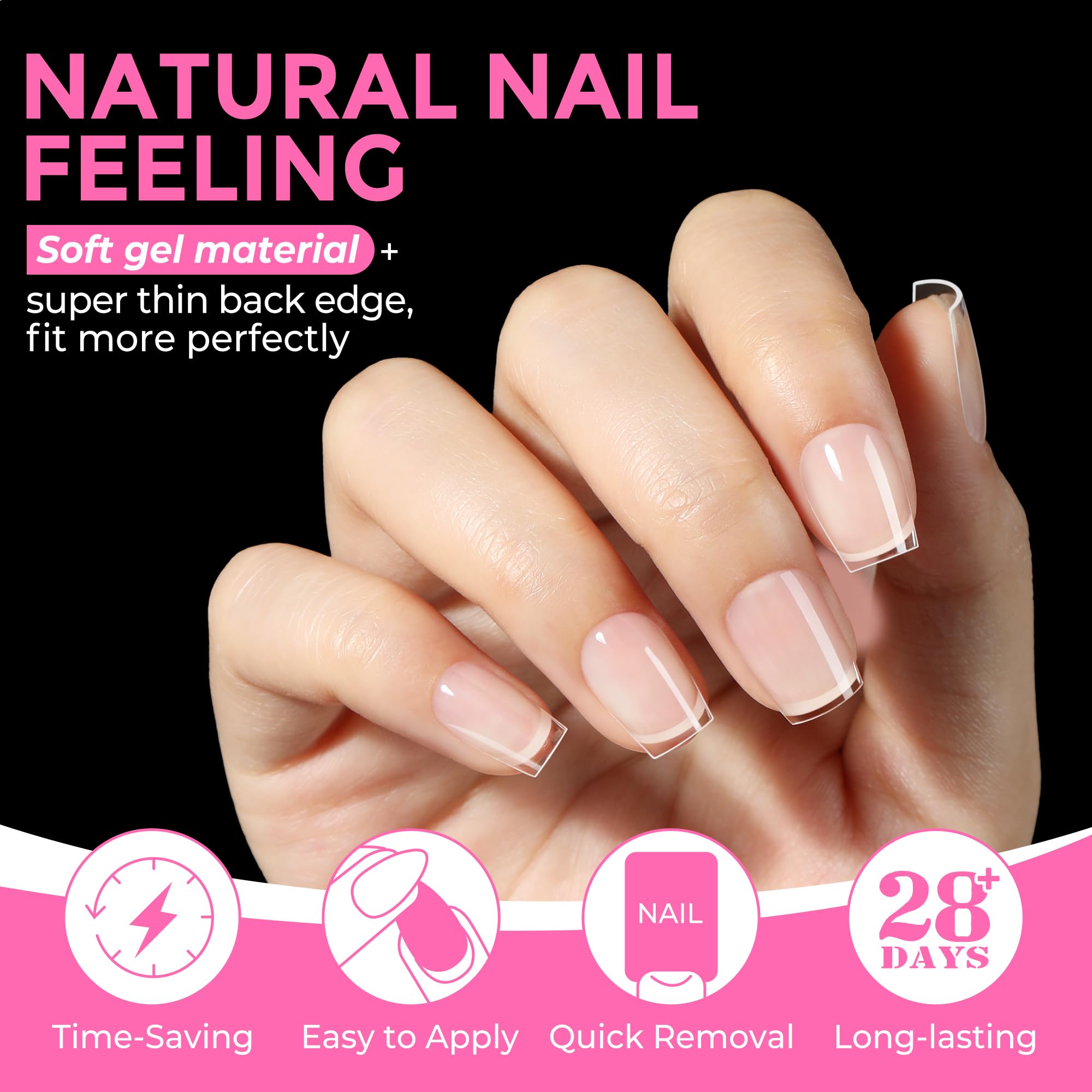 UNA GELLA clear full-cover tips compatible with polish, dip powder, and acrylic.