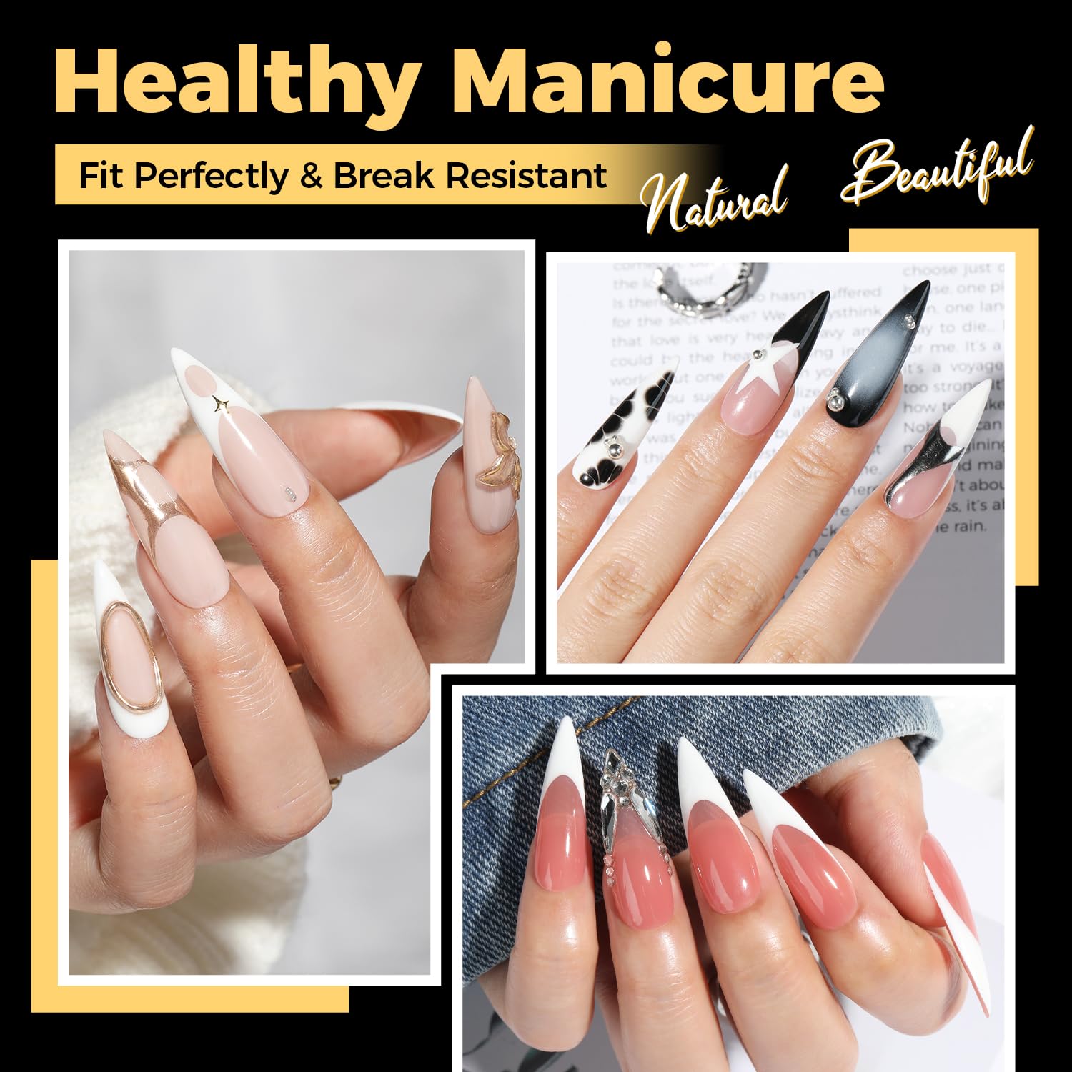 UNA GELLA clear tips highlight the sharp stiletto shape for salon-like nails.