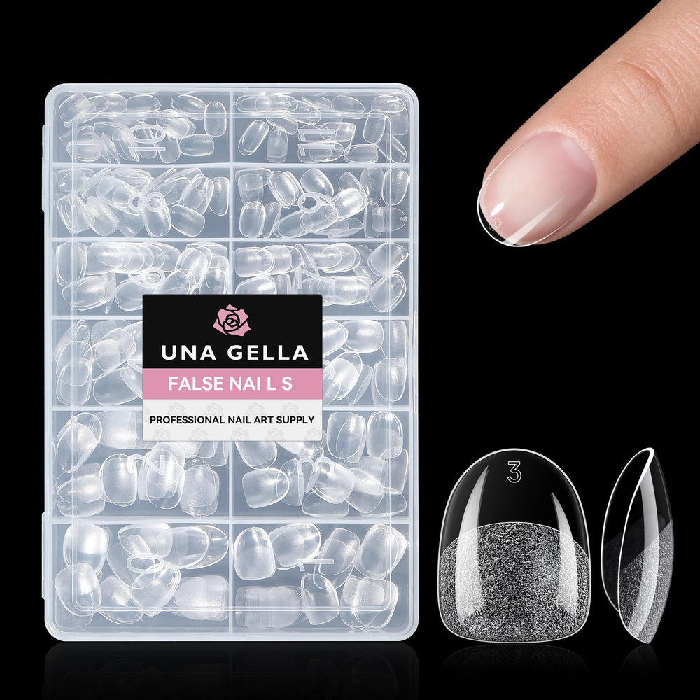 UNA GELLA extra-short oval nail tips shown in a neat, natural look for daily wear.