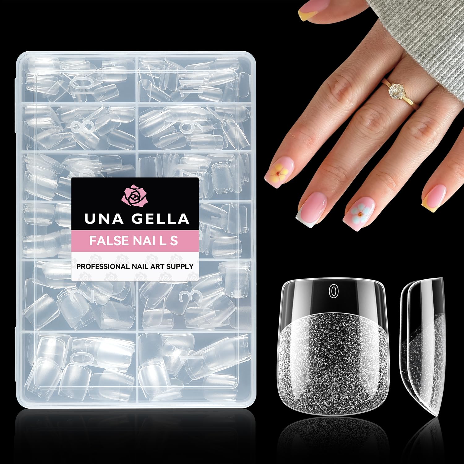 UNA GELLA extra short square nail tips with 216 pieces plus clear finish.