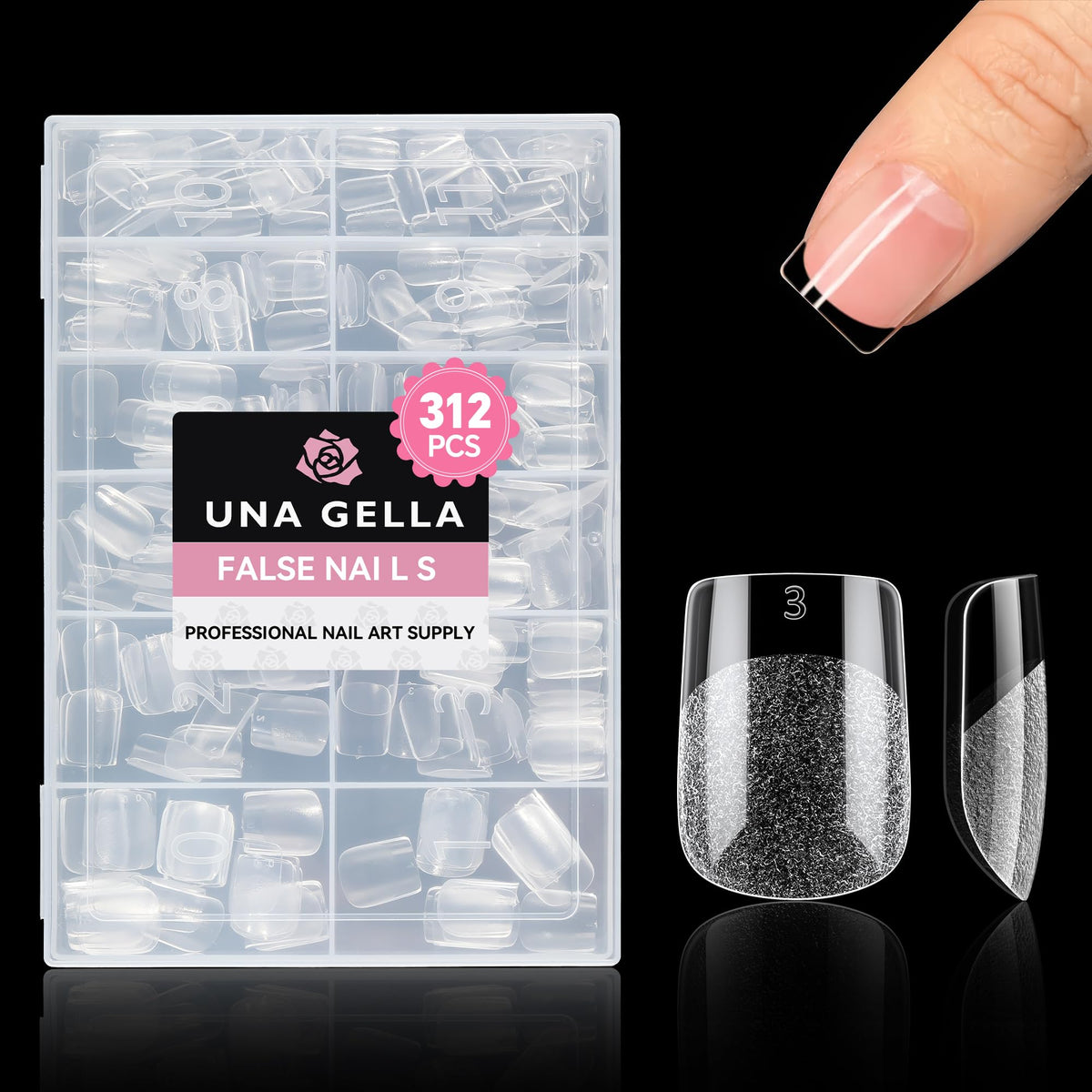 UNA GELLA extra-short square nail tips with inner matte texture for strong adhesion.