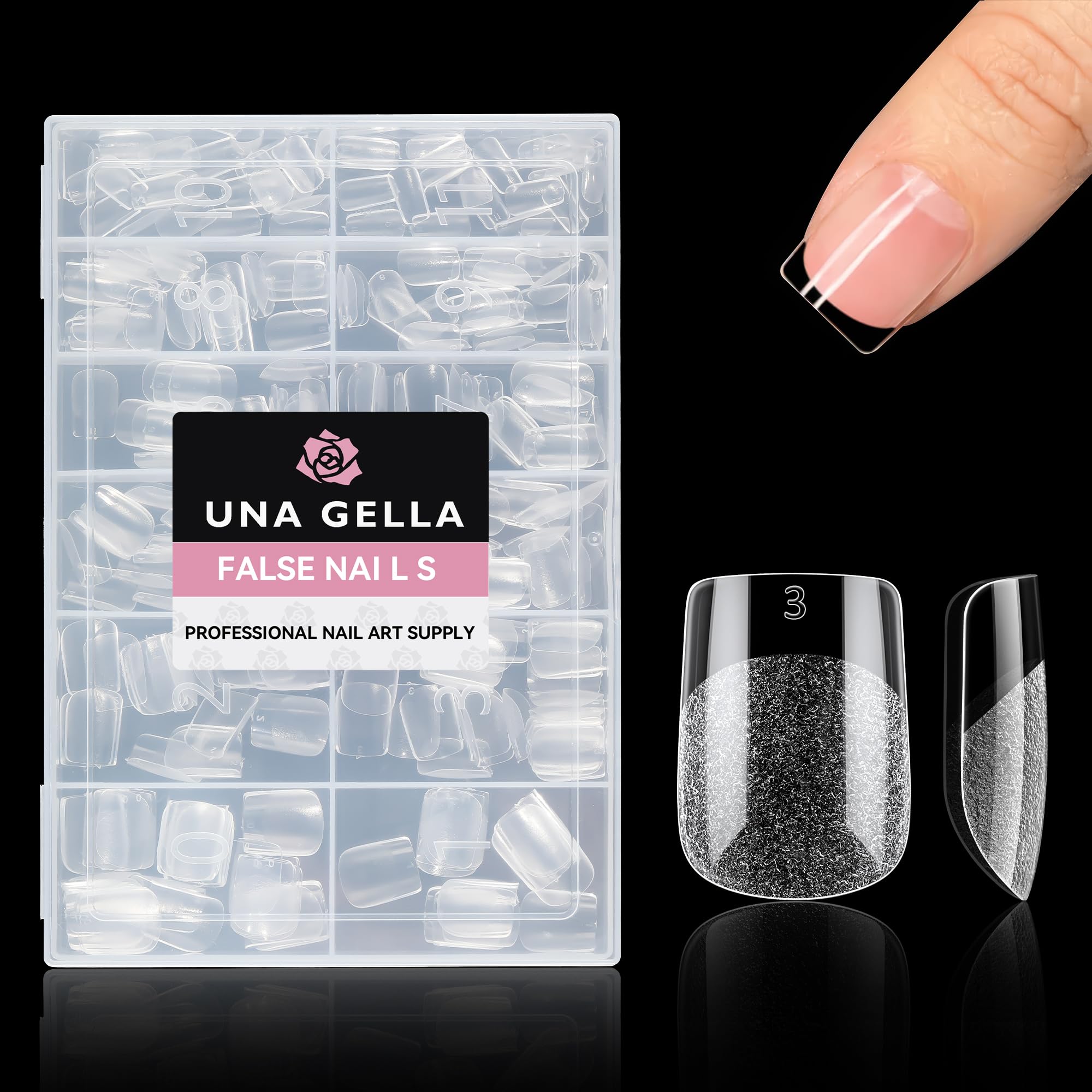 UNA GELLA pre-etched tips ready for filing-free enhancements.