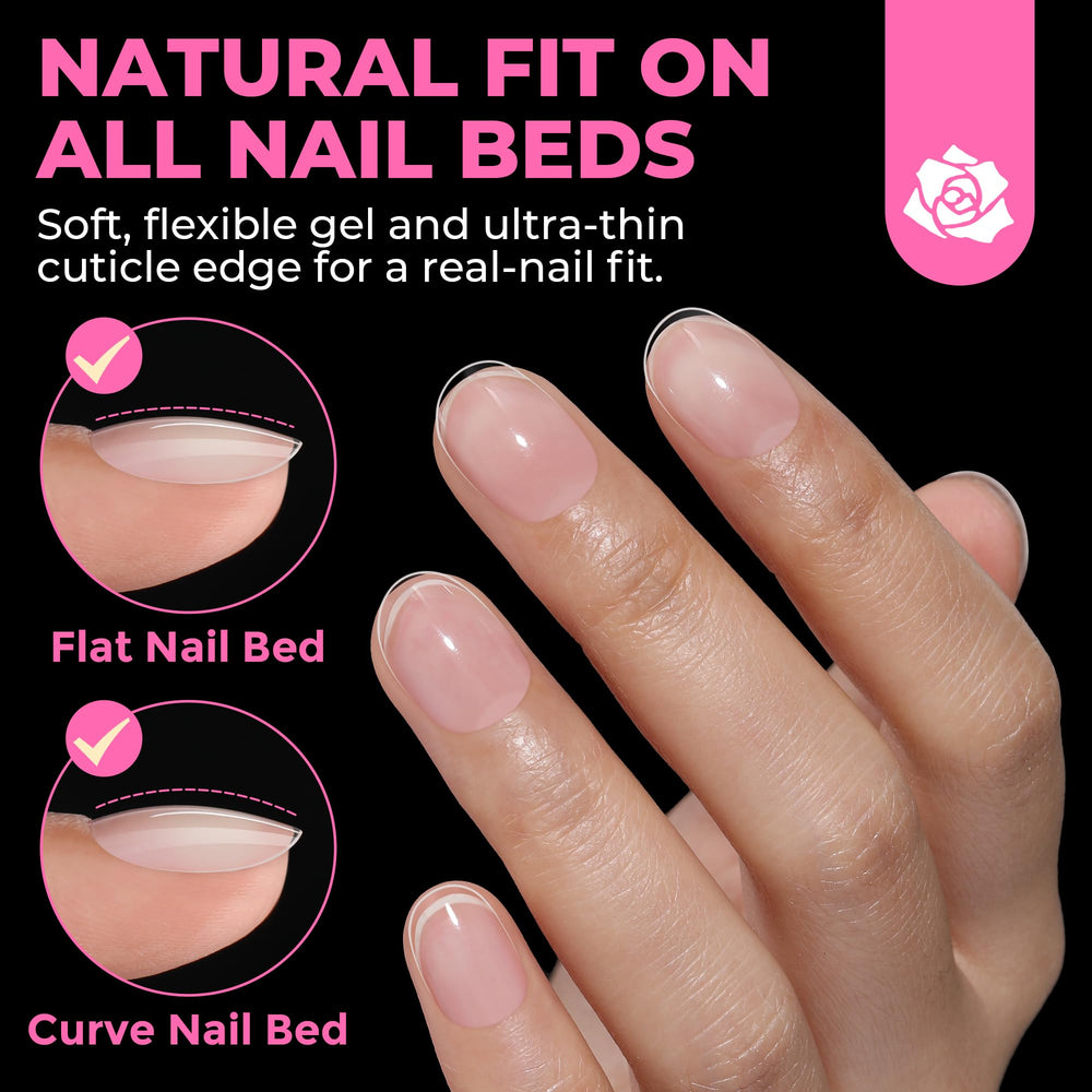UNA GELLA flat no C-curve design fits most nail shapes securely.