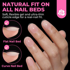 UNA GELLA flat no C-curve design fits most nail shapes securely.