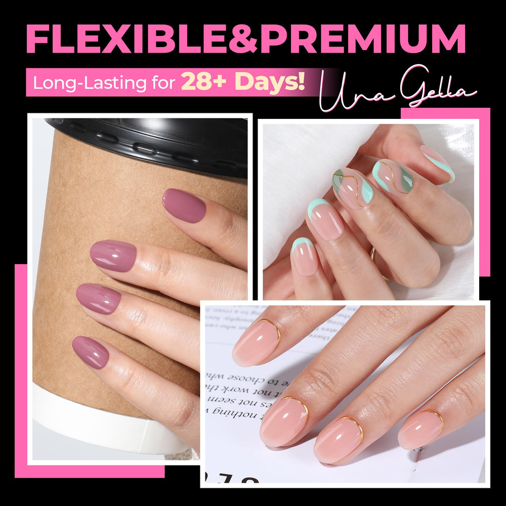 UNA GELLA flexible soft gel tips adapt to natural nails for comfortable wear.