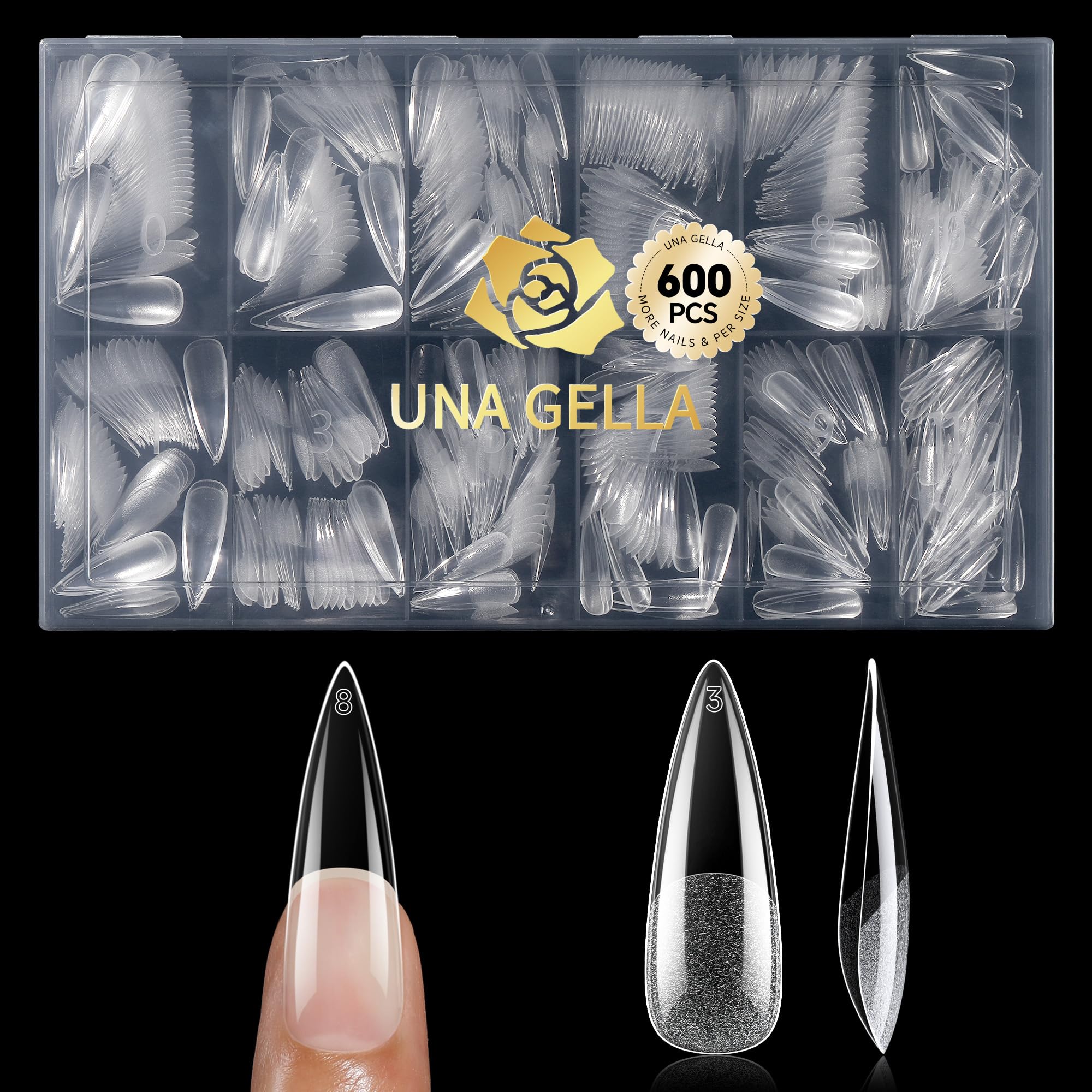 UNA GELLA long stiletto nail tips in clear finish for dramatic DIY nail art.