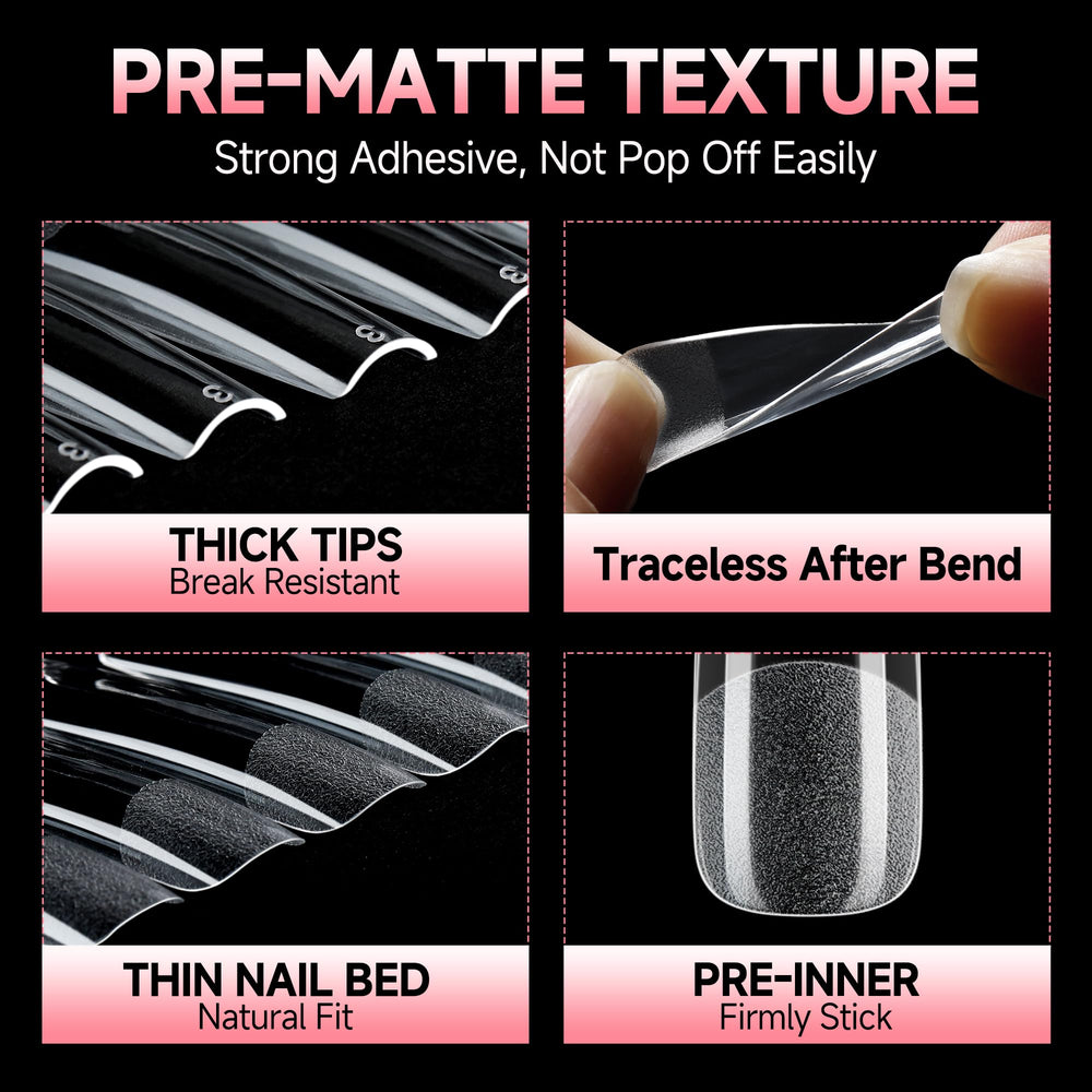UNA GELLA pre-filed square tips with half-matte finish boosting adhesion.