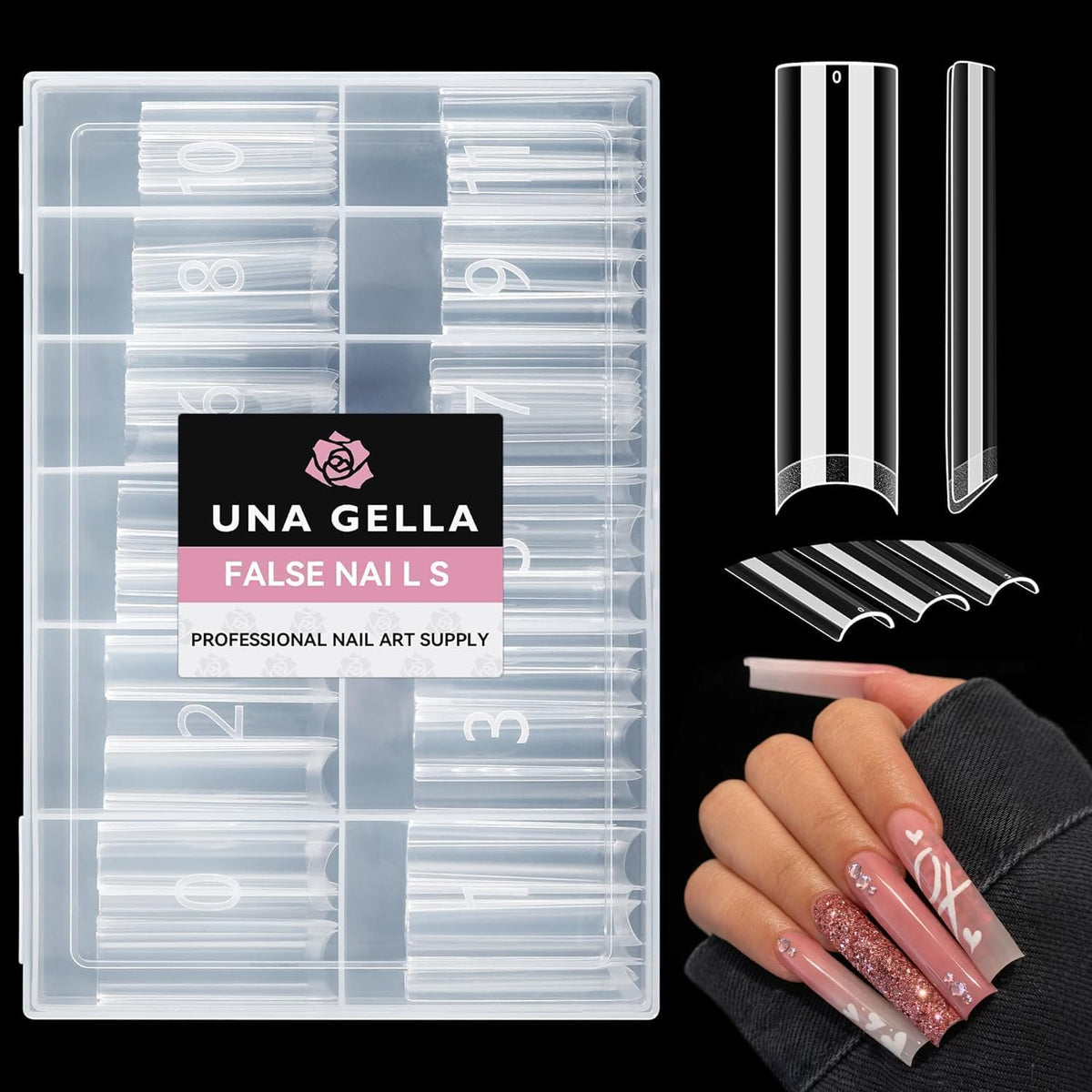 UNA GELLA square XXL nail tips pack, clear finish for easy DIY nails.