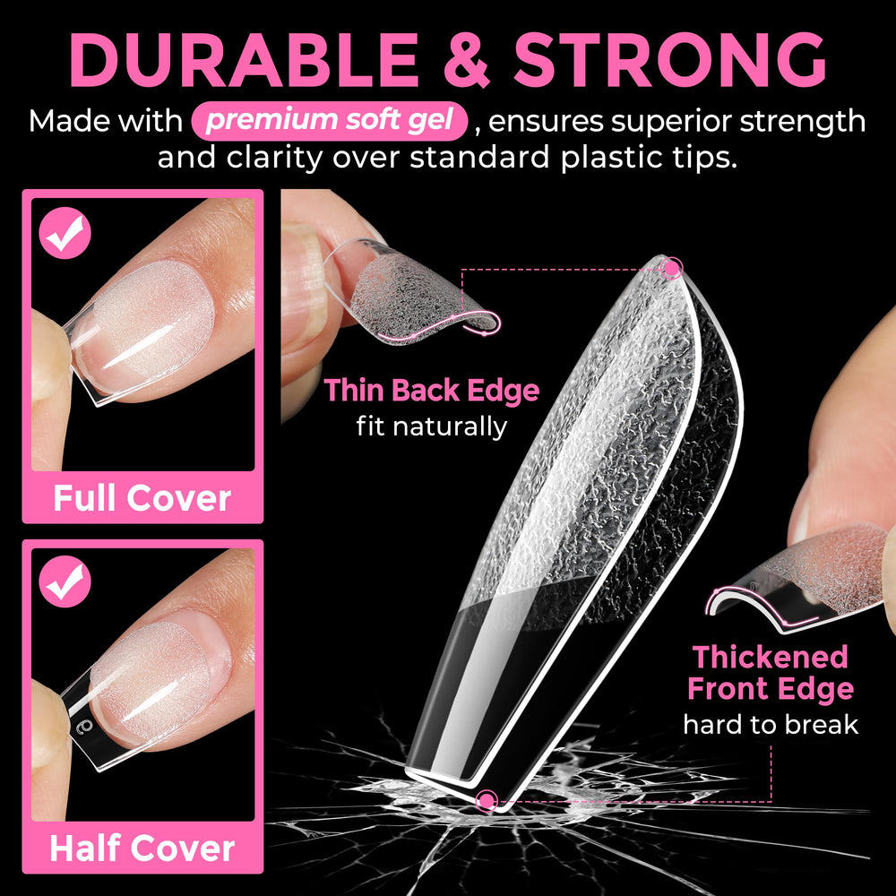 UNA GELLA smooth-edge tips with a shallow curve for comfortable wear.