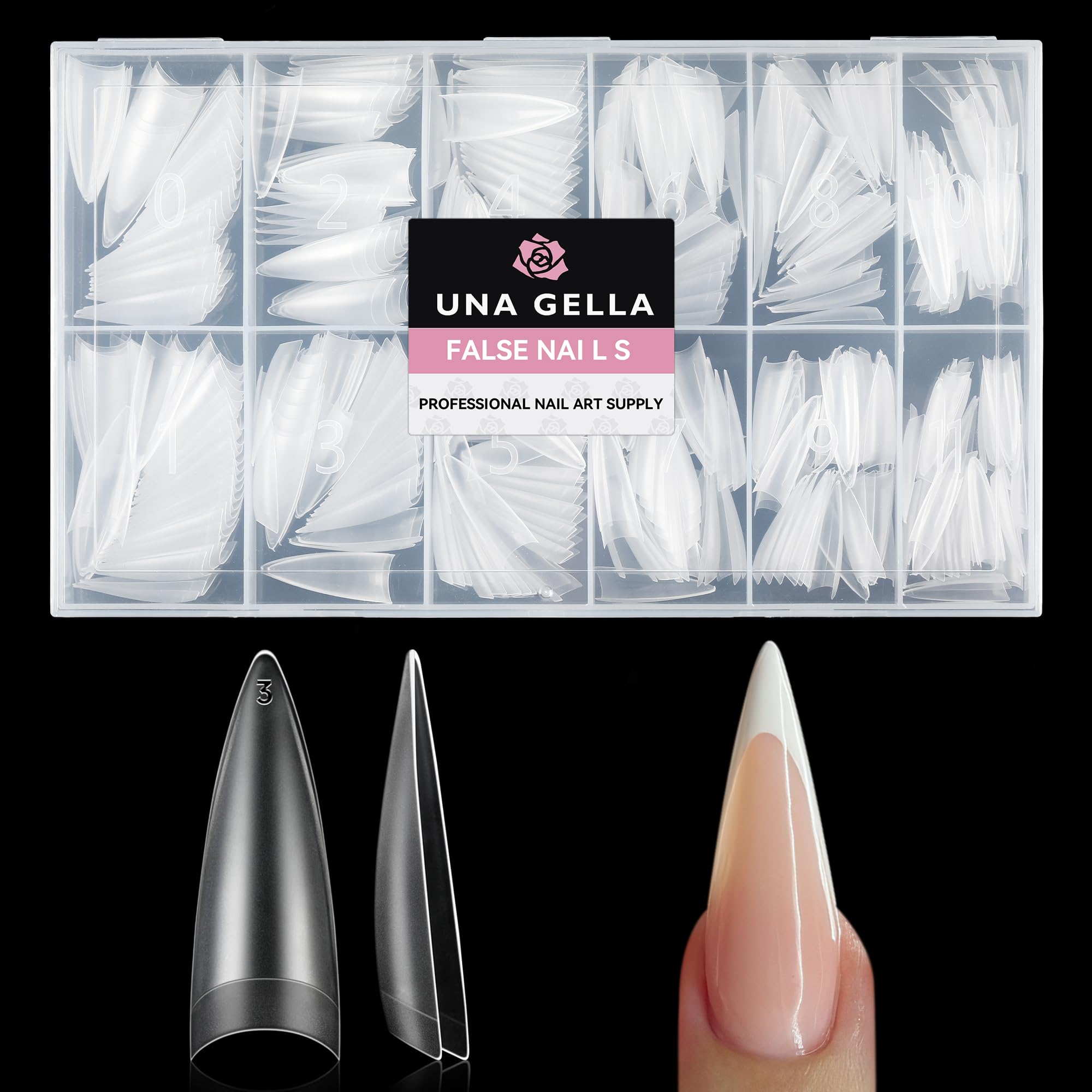 UNA GELLA stiletto tips with outer-wall matte finish for smoother polish and glossy results