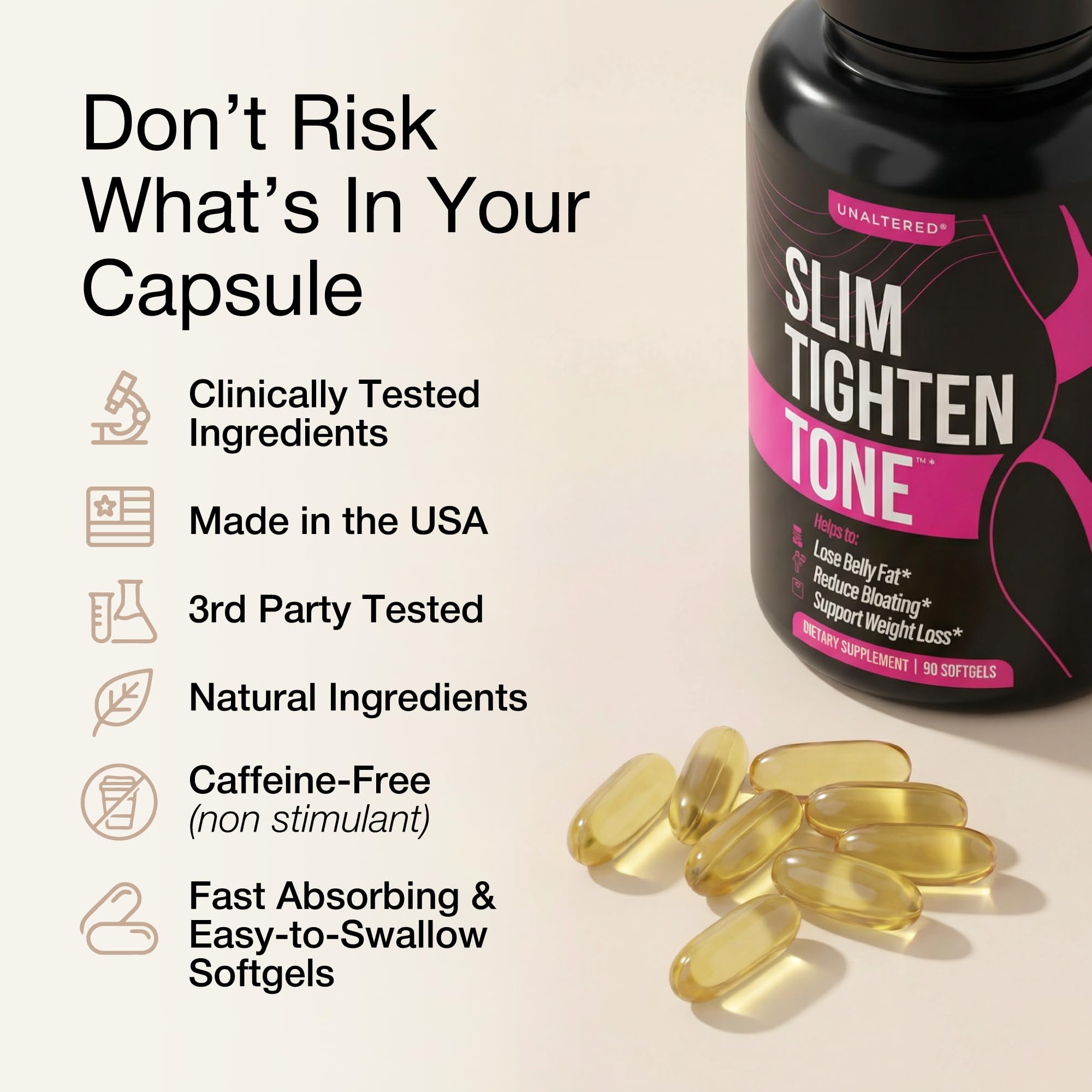 UNALTERED Belly Fat Burner with lean physique imagery suggesting fitness support