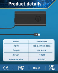 UNAWUDOH 130W USB-C charger close-up of USB-C port highlighting fast charging capability