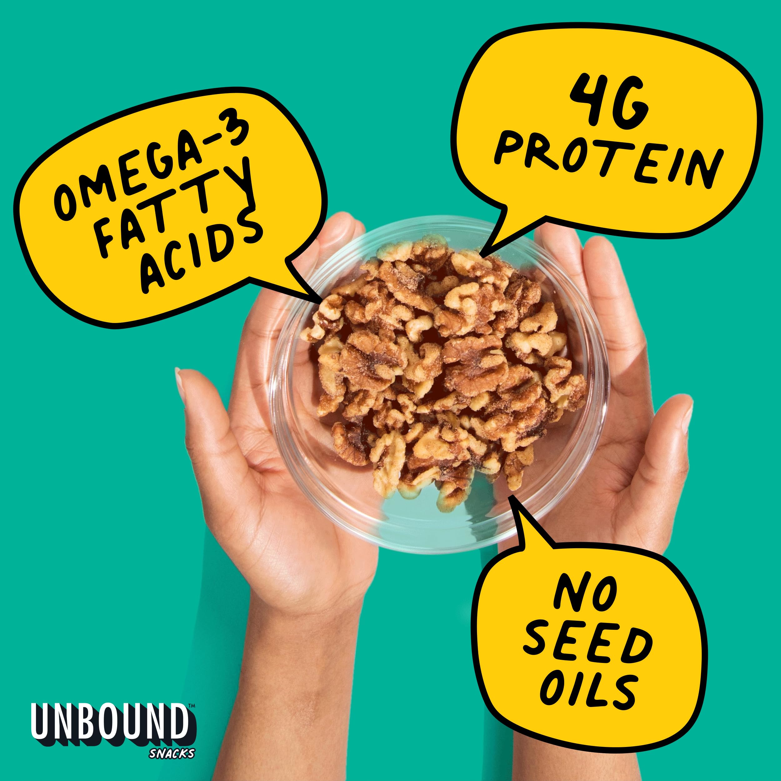 Unbound Snacks Butter Toffee Walnuts in-bowl highlights balanced sweetness