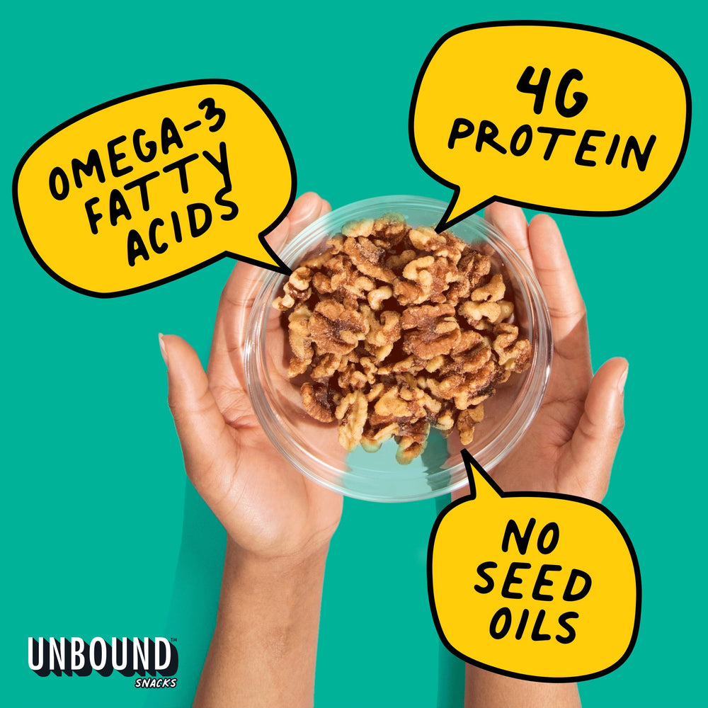 Unbound Snacks Butter Toffee Walnuts in-bowl highlights balanced sweetness