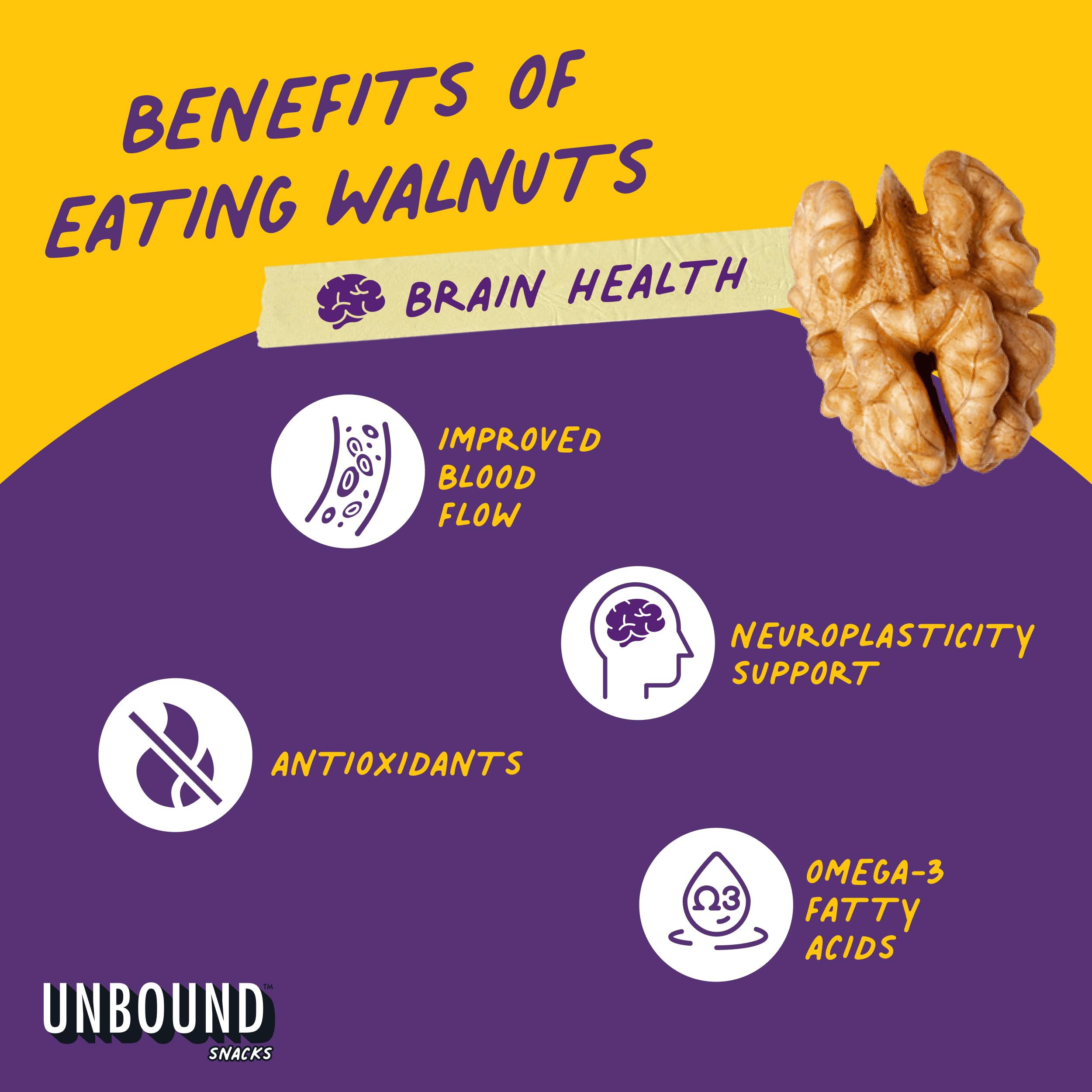 Unbound Snacks Butter Toffee Walnuts on-shelf-packaging emphasizes gluten-free and vegan-friendly