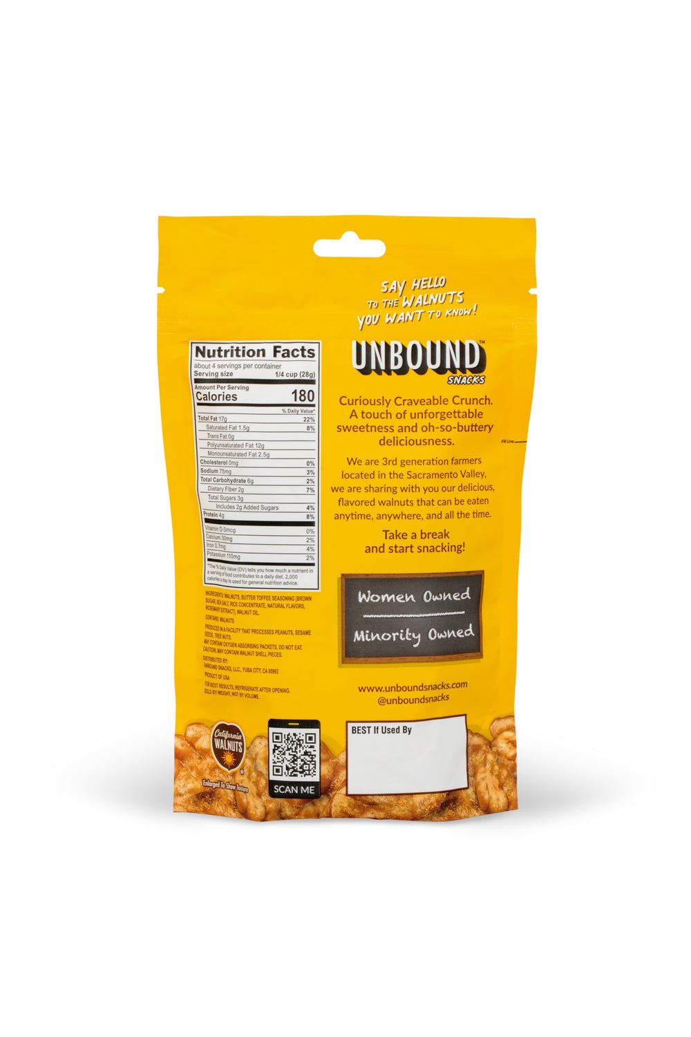 Unbound Snacks Butter Toffee Walnuts roasted-seasoned reveals savory toffee coating