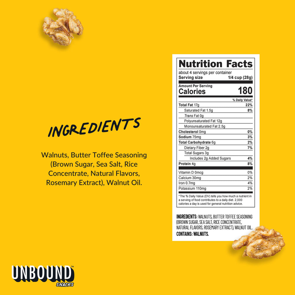 Unbound Snacks Butter Toffee Walnuts walnut-halves highlight omega-3 rich snacking