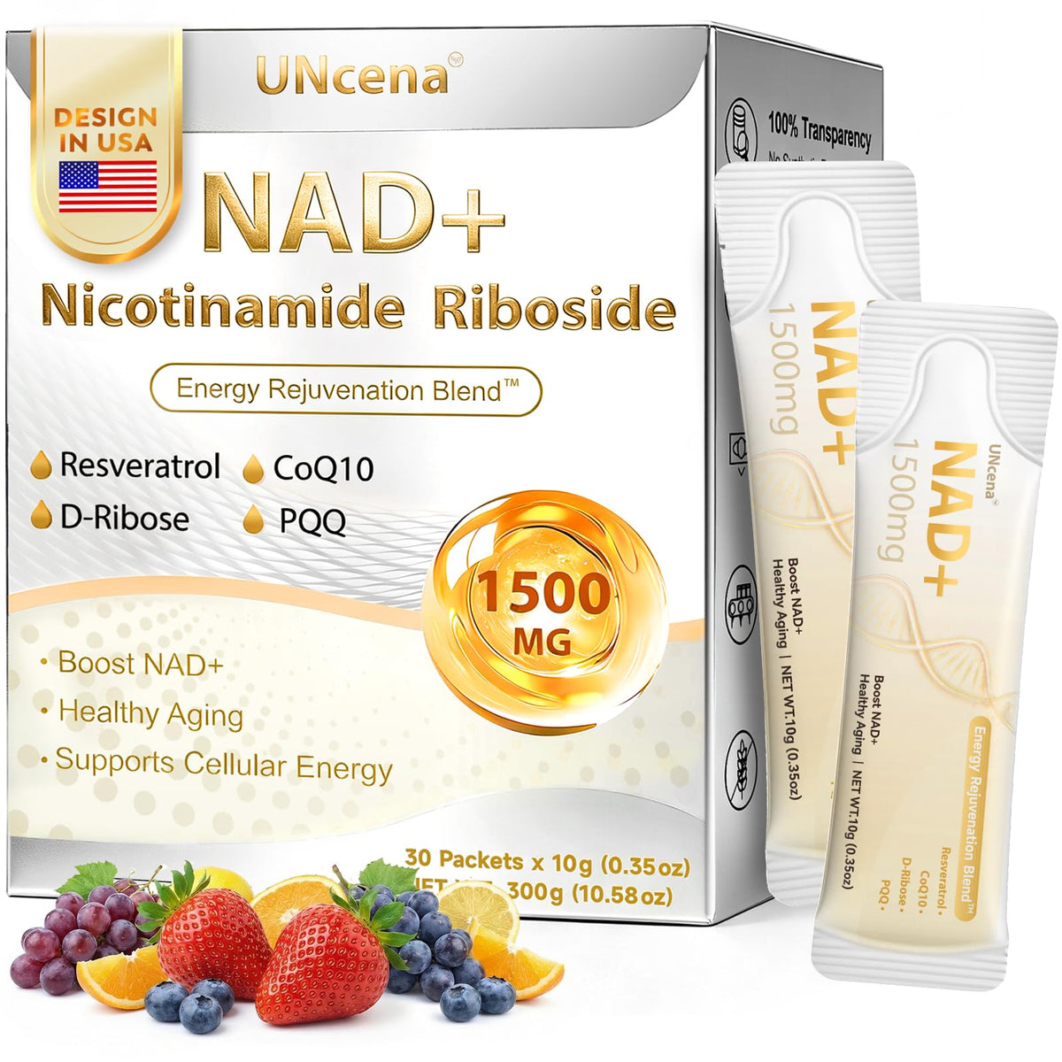 UNcena NAD+ liquid sachets in a box for on-the-go daily energy support