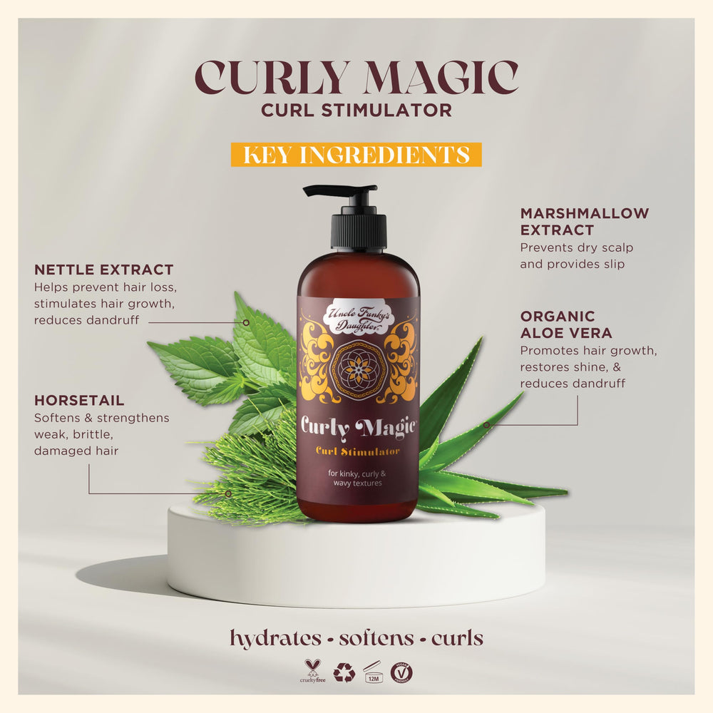 Uncle Funky's Daughter Curly Magic hands applying product to moisturize curls.