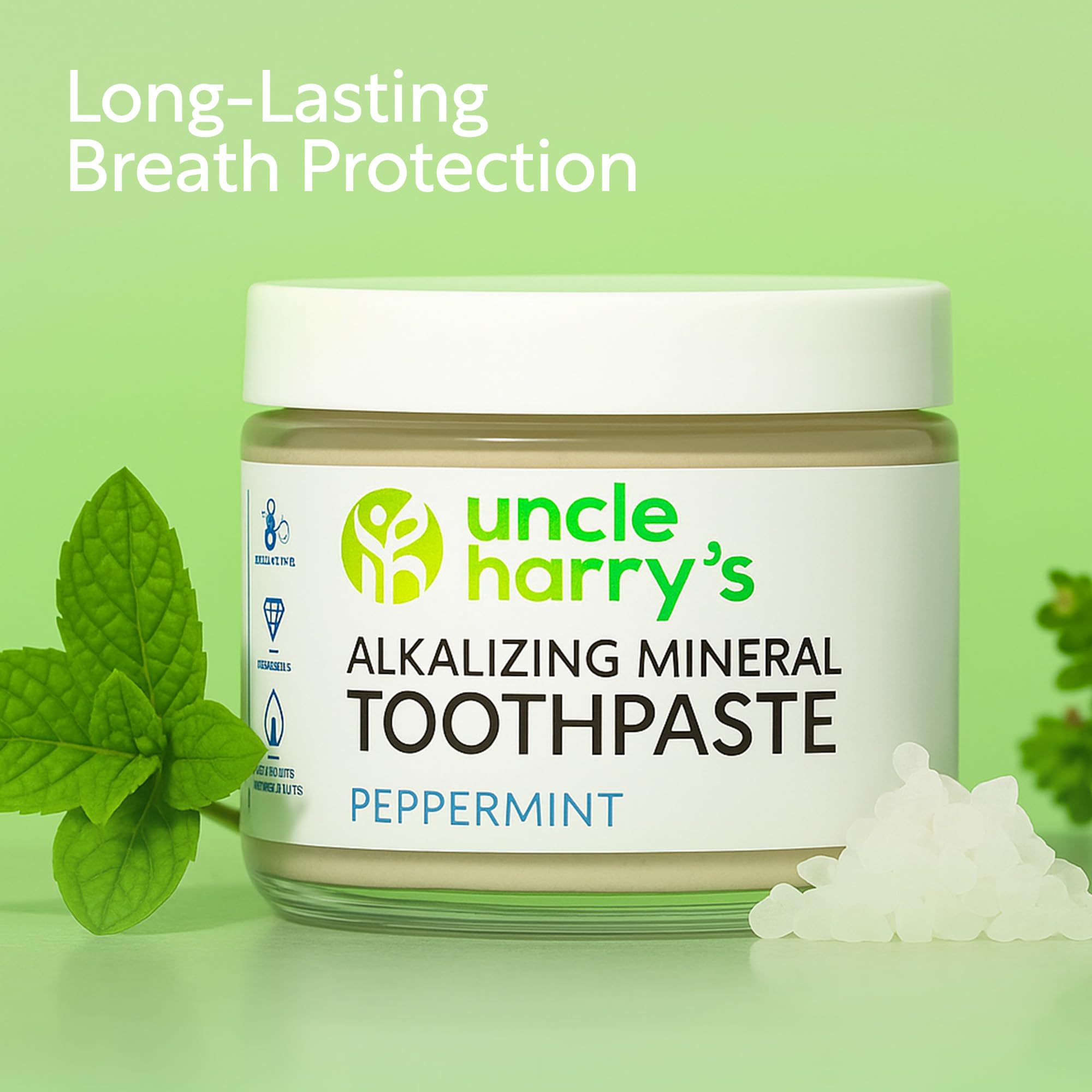 Eco-friendly zero waste packaging of Uncle Harry's toothpaste with hand-labeled jar.