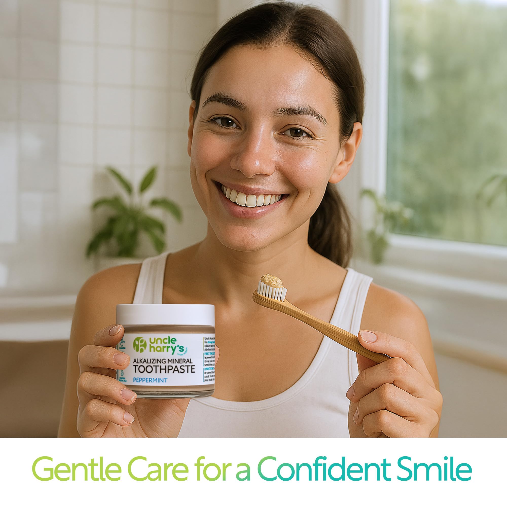 Natural ingredient list of Uncle Harry's toothpaste including clays and essential oils.