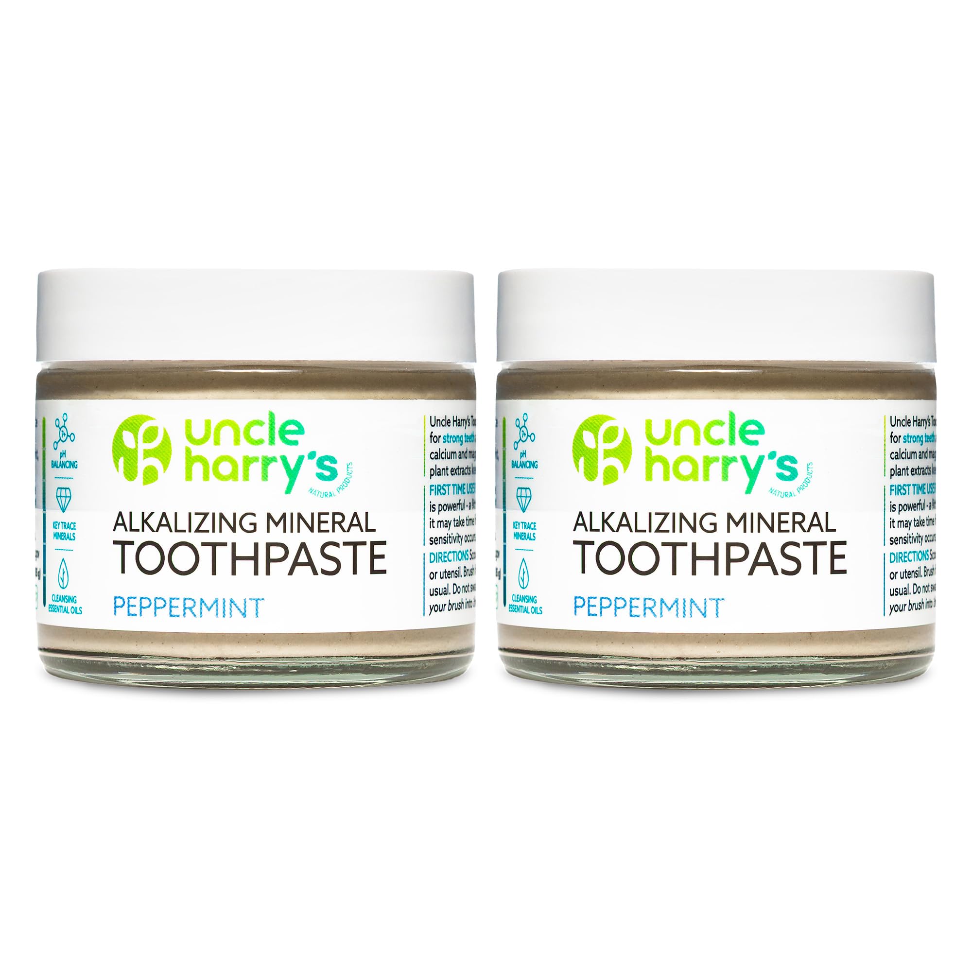 Uncle Harry's Peppermint Remineralizing Toothpaste in a glass jar for eco-friendly brushing.